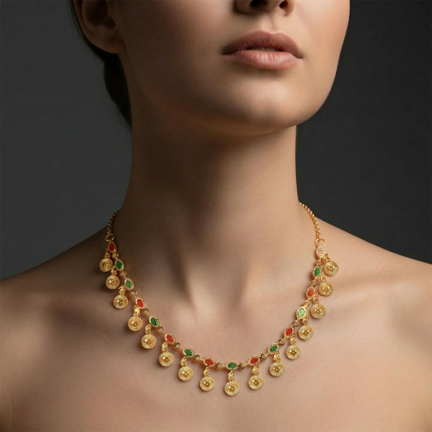 Traditional Gold Charm Necklace with Multicolor Stone Drops - Image 3