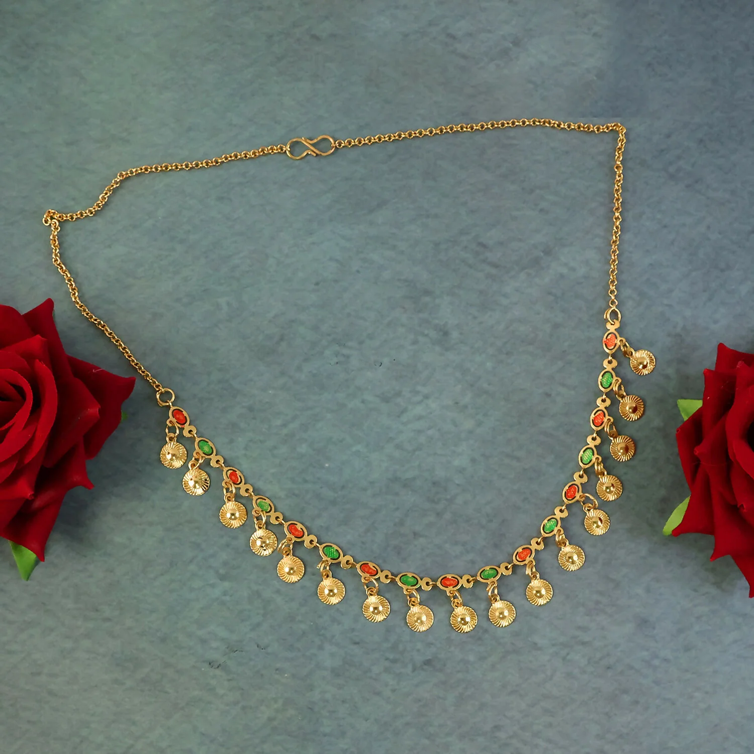 Traditional Gold Charm Necklace with Multicolor Stone Drops - Image 4