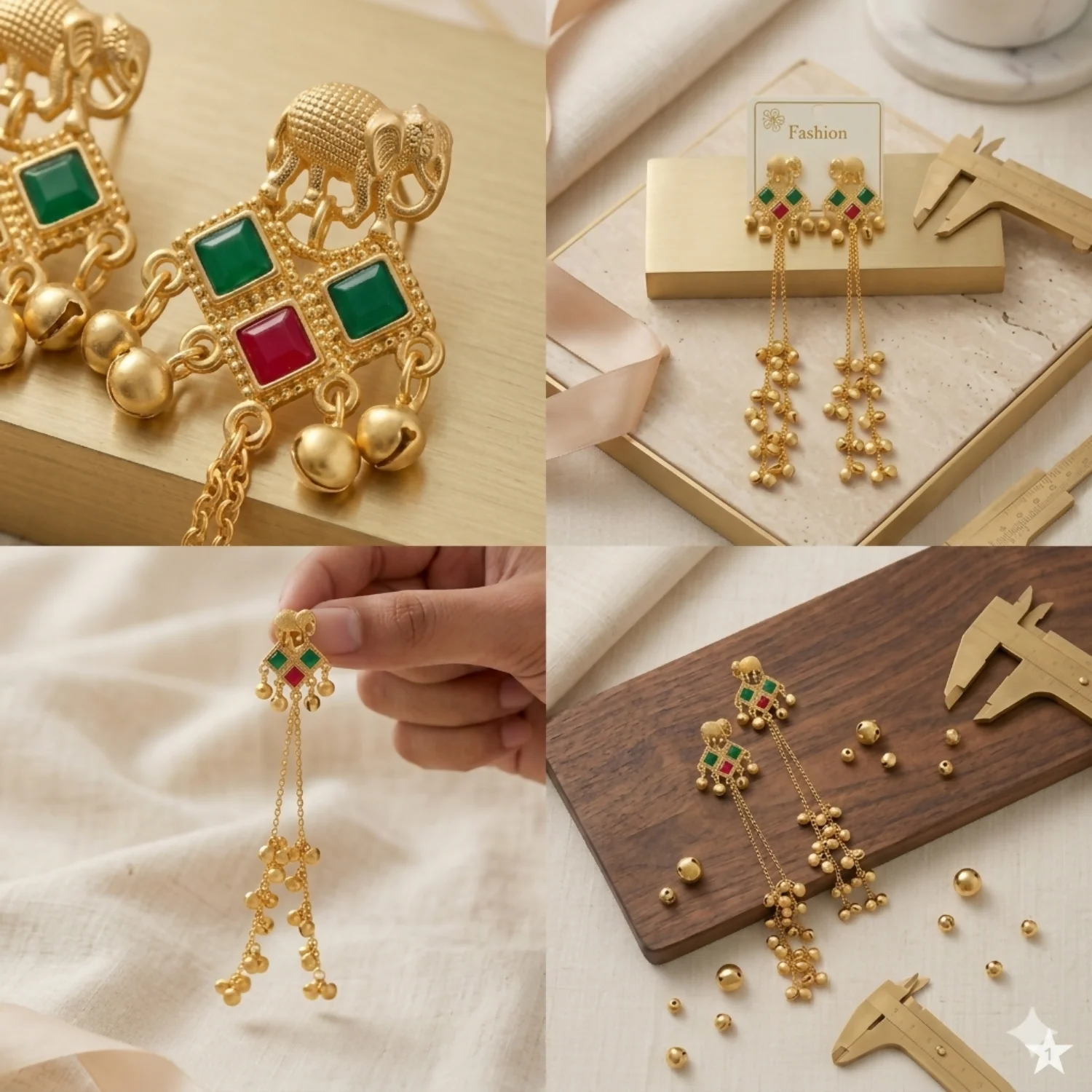Traditional Gold Elephant Drop Kashmiri Earrings with Multicolor Stone Accents - Image 2