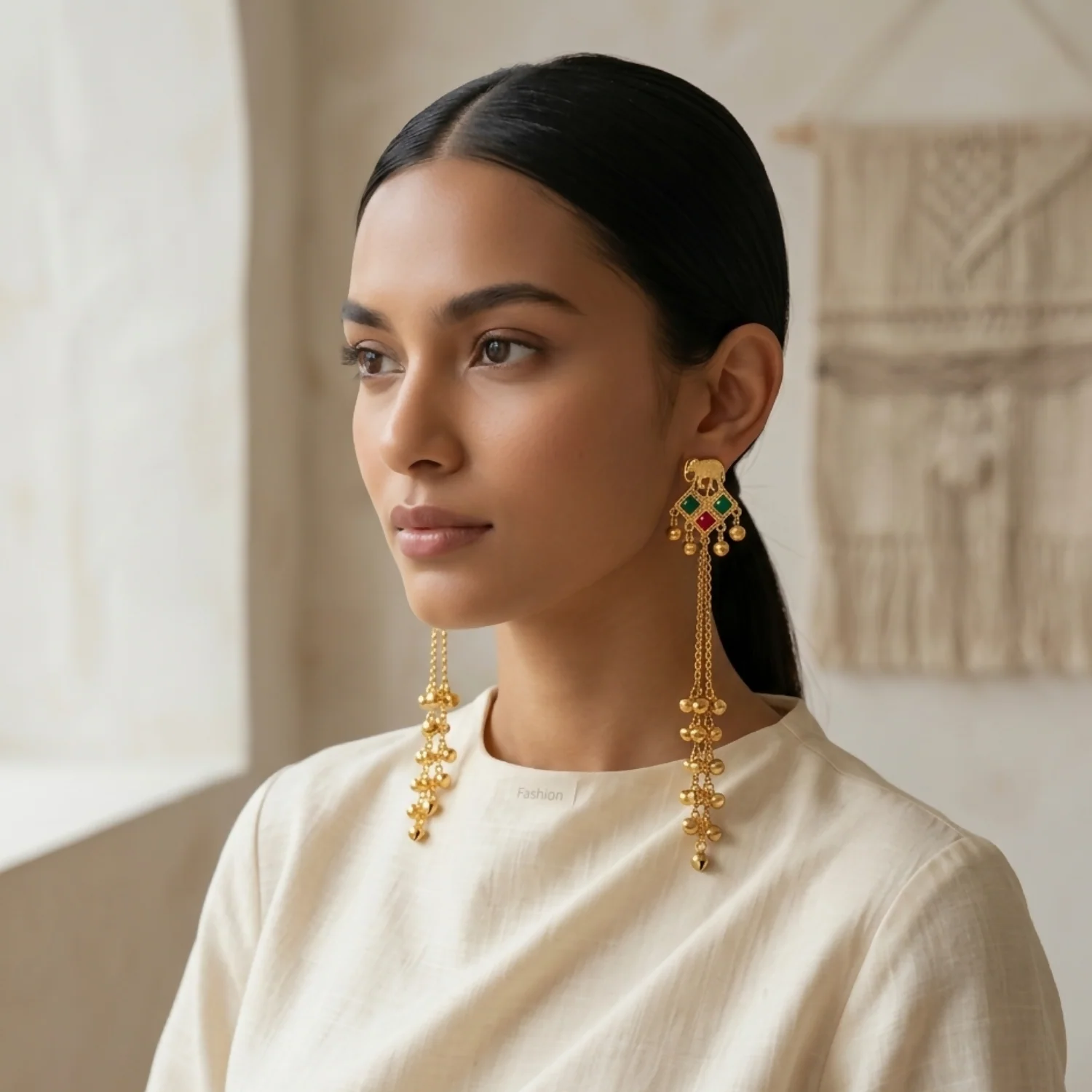 Traditional Gold Elephant Drop Kashmiri Earrings with Multicolor Stone Accents - Image 3