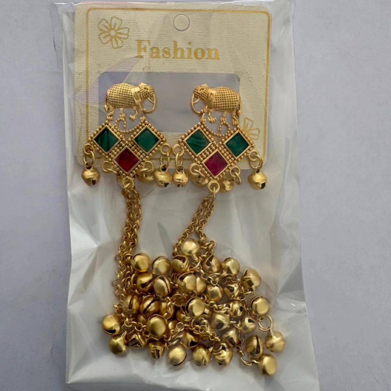 Traditional Gold Elephant Drop Kashmiri Earrings with Multicolor Stone Accents - Image 4
