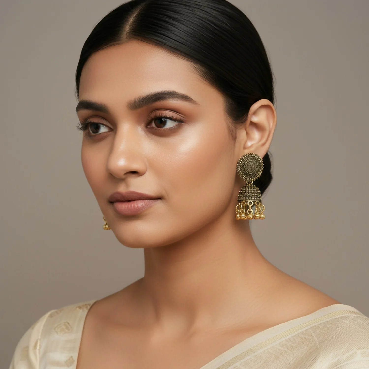 Traditional Gold Finish Jhumka Earrings - Image 2