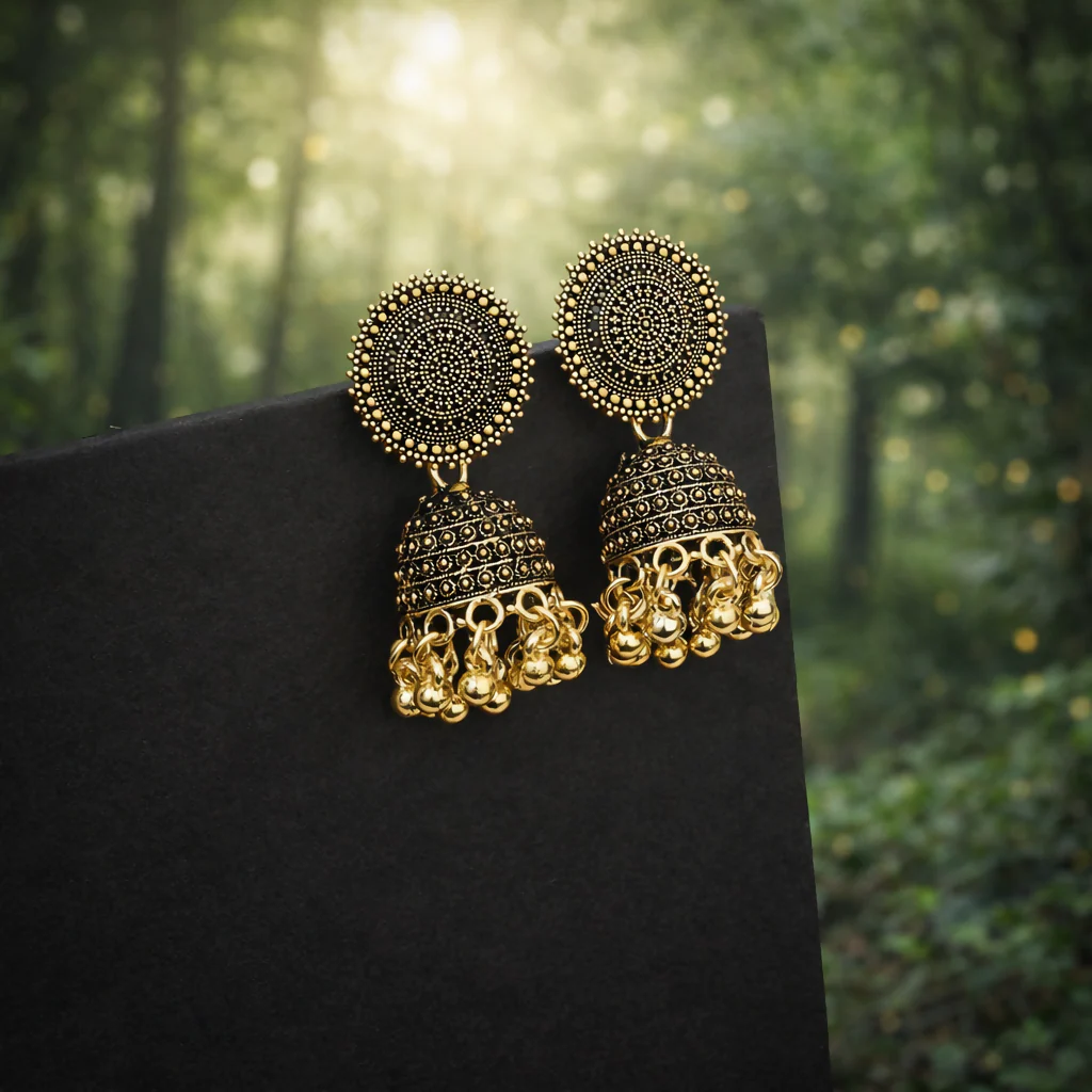 Traditional Gold Finish Jhumka Earrings - Image 3