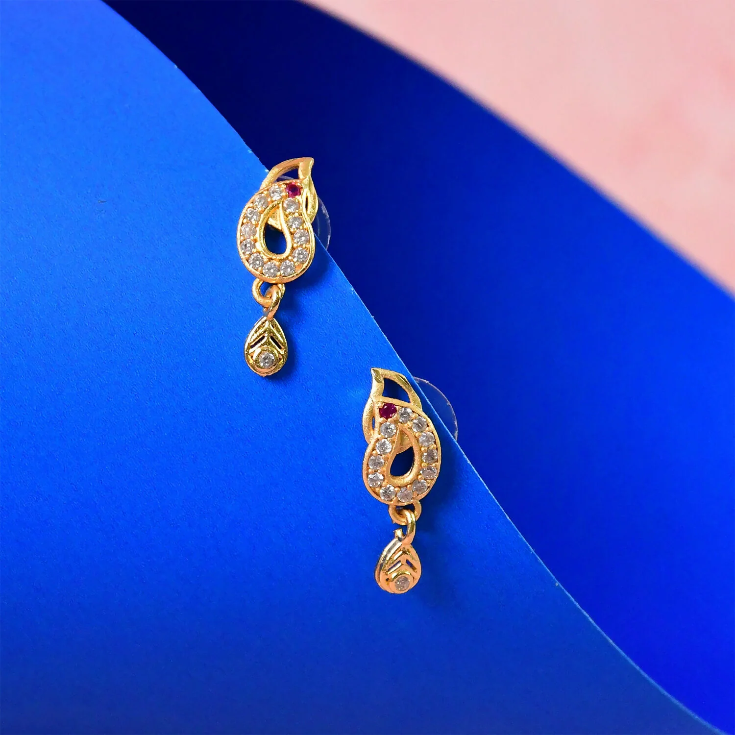 Traditional Gold Finish Paisley Earrings with Crystal & Ruby Touch - Image 2