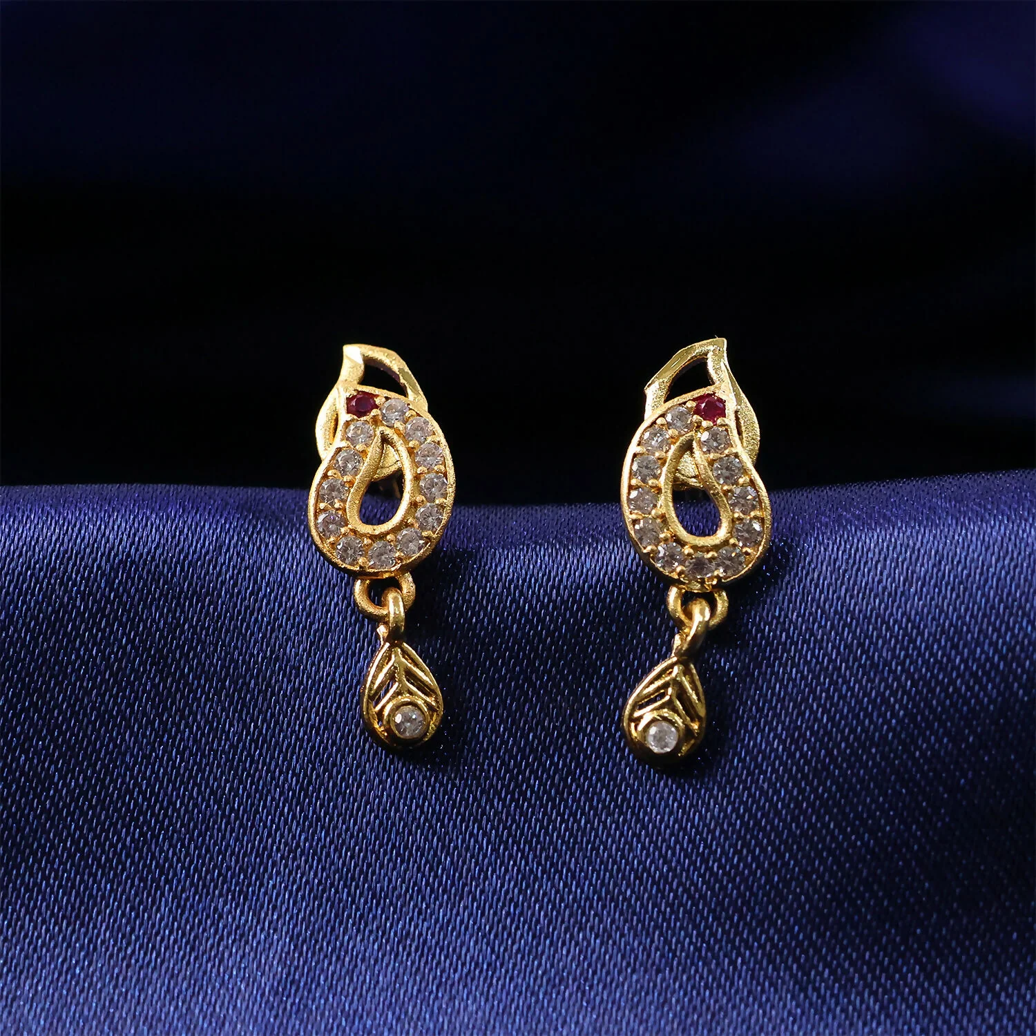 Traditional Gold Finish Paisley Earrings with Crystal & Ruby Touch - Image 3