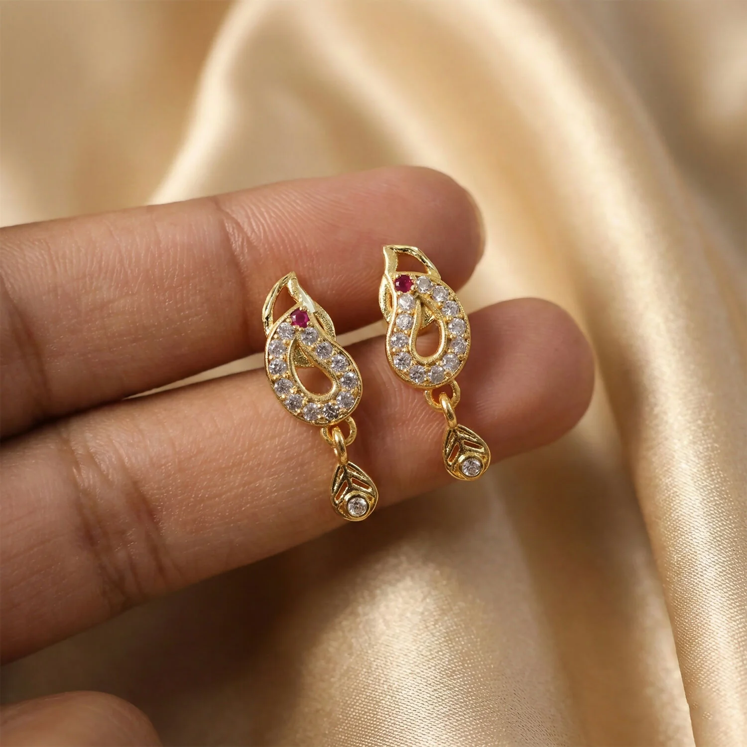 Traditional Gold Finish Paisley Earrings with Crystal & Ruby Touch - Image 4