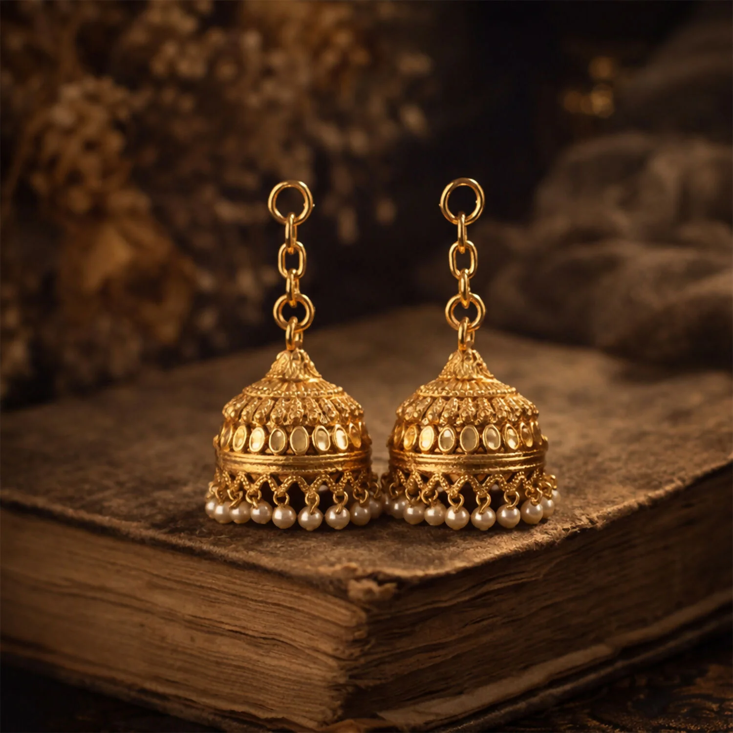 Traditional Gold-Finish Pearl Drop Jhumka with Classic Dome Design - Image 2