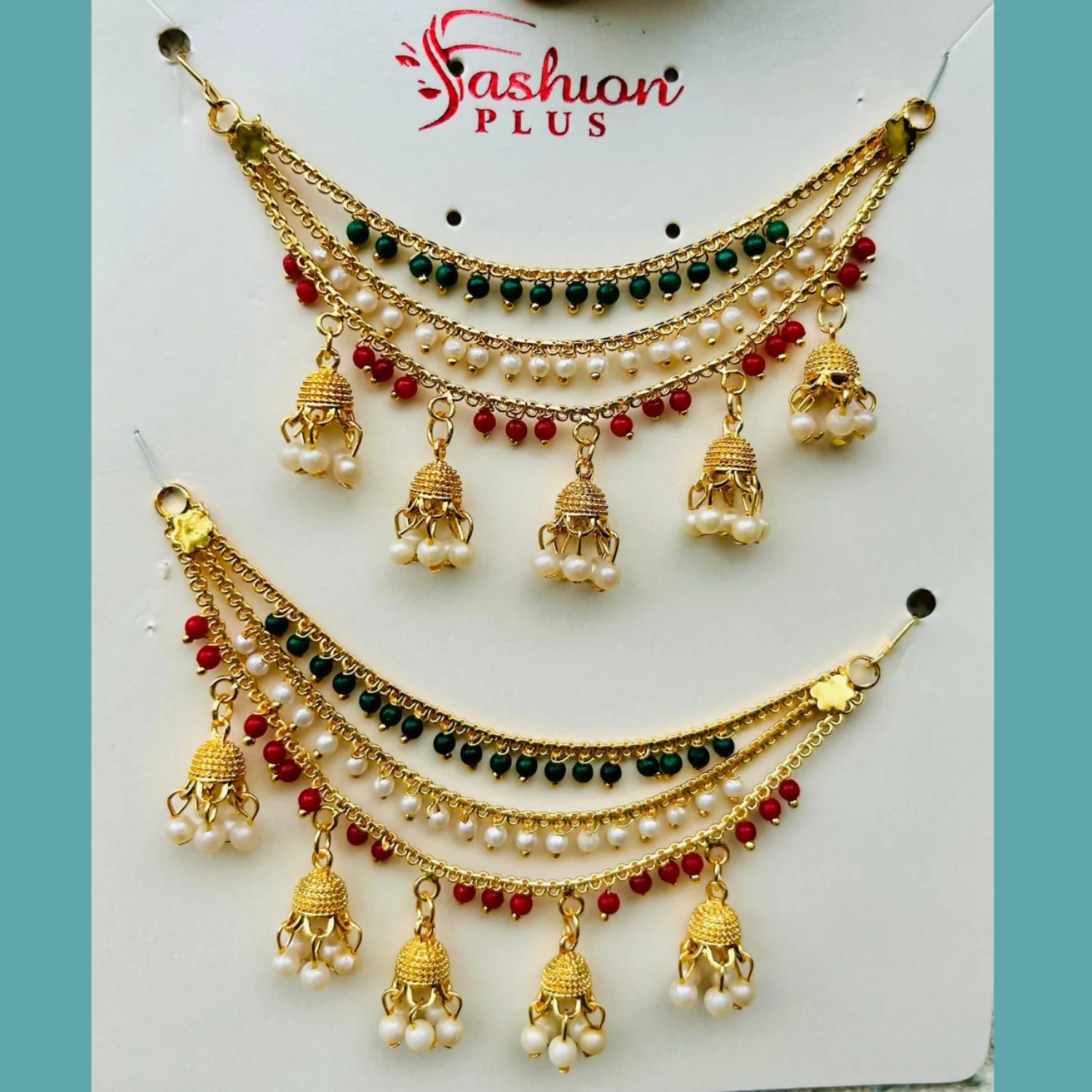 Traditional Gold Finish Tricolor Pearl Jhumki Designer Kanchain for Women - Image 2