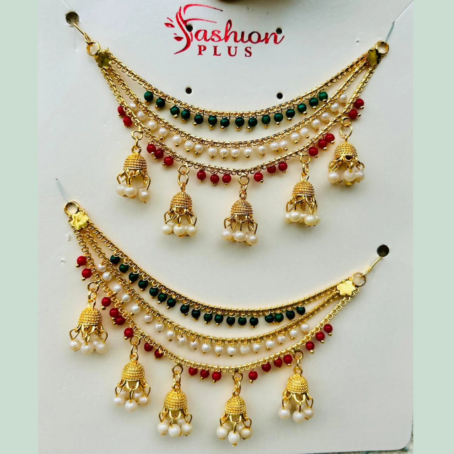 Traditional Gold Finish Tricolor Pearl Jhumki Designer Kanchain for Women - Image 3