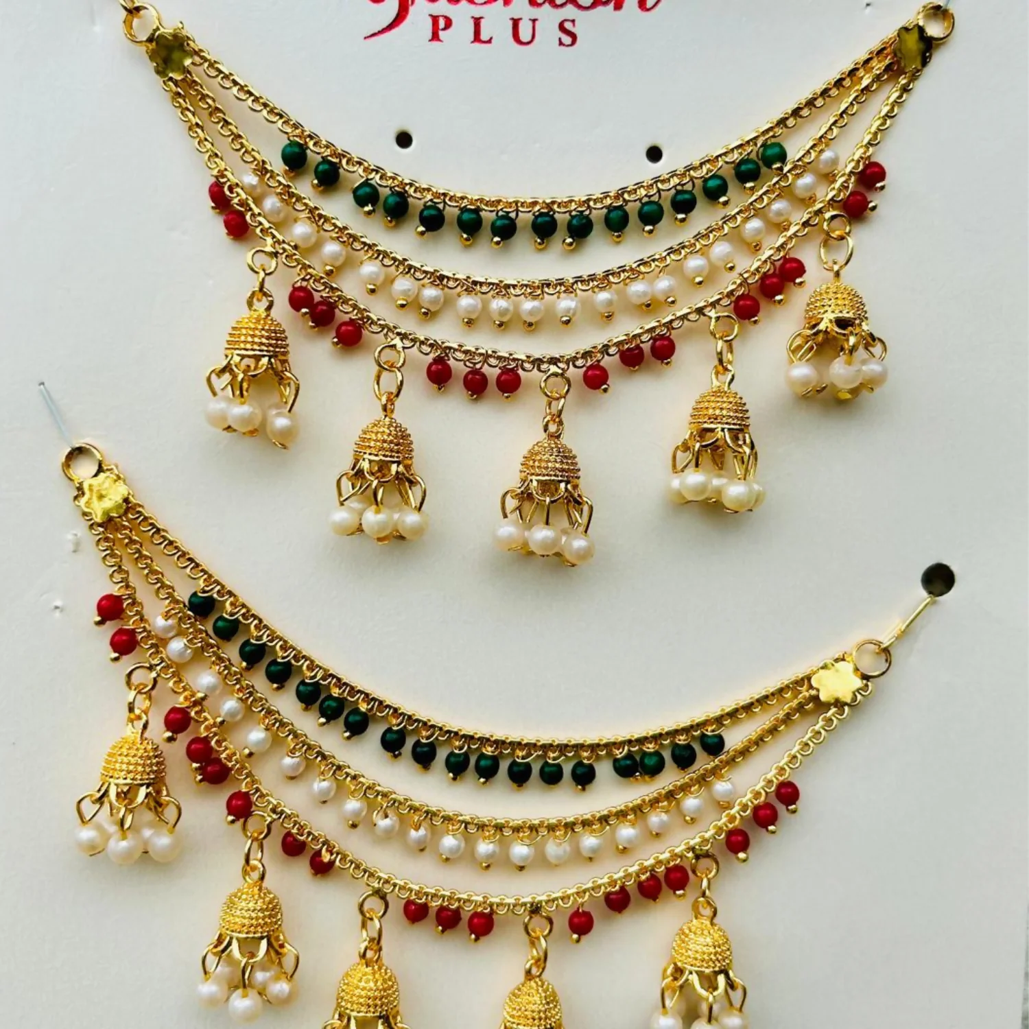 Traditional Gold Finish Tricolor Pearl Jhumki Designer Kanchain for Women - Image 4