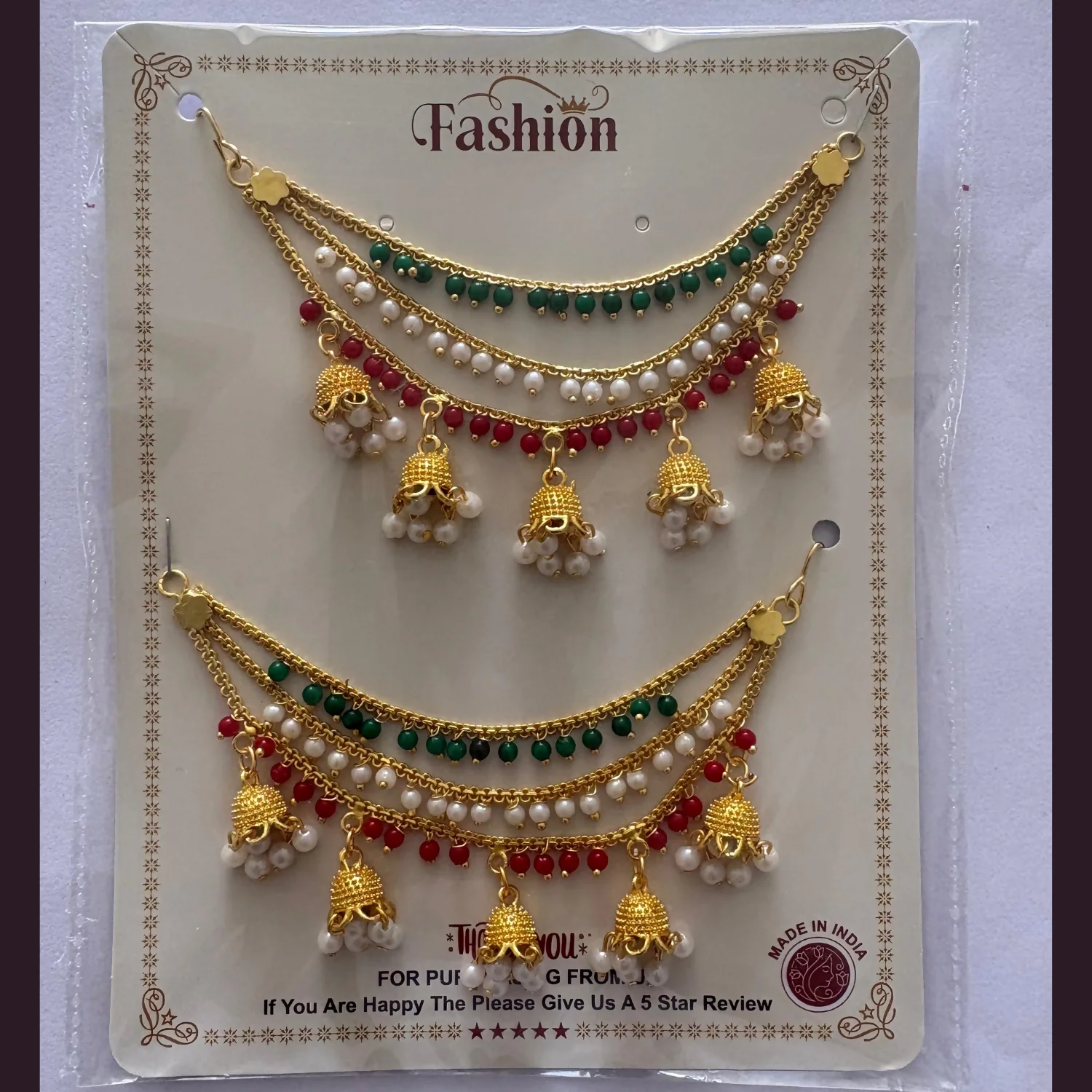 Traditional Gold Finish Tricolor Pearl Jhumki Designer Kanchain for Women - Image 5