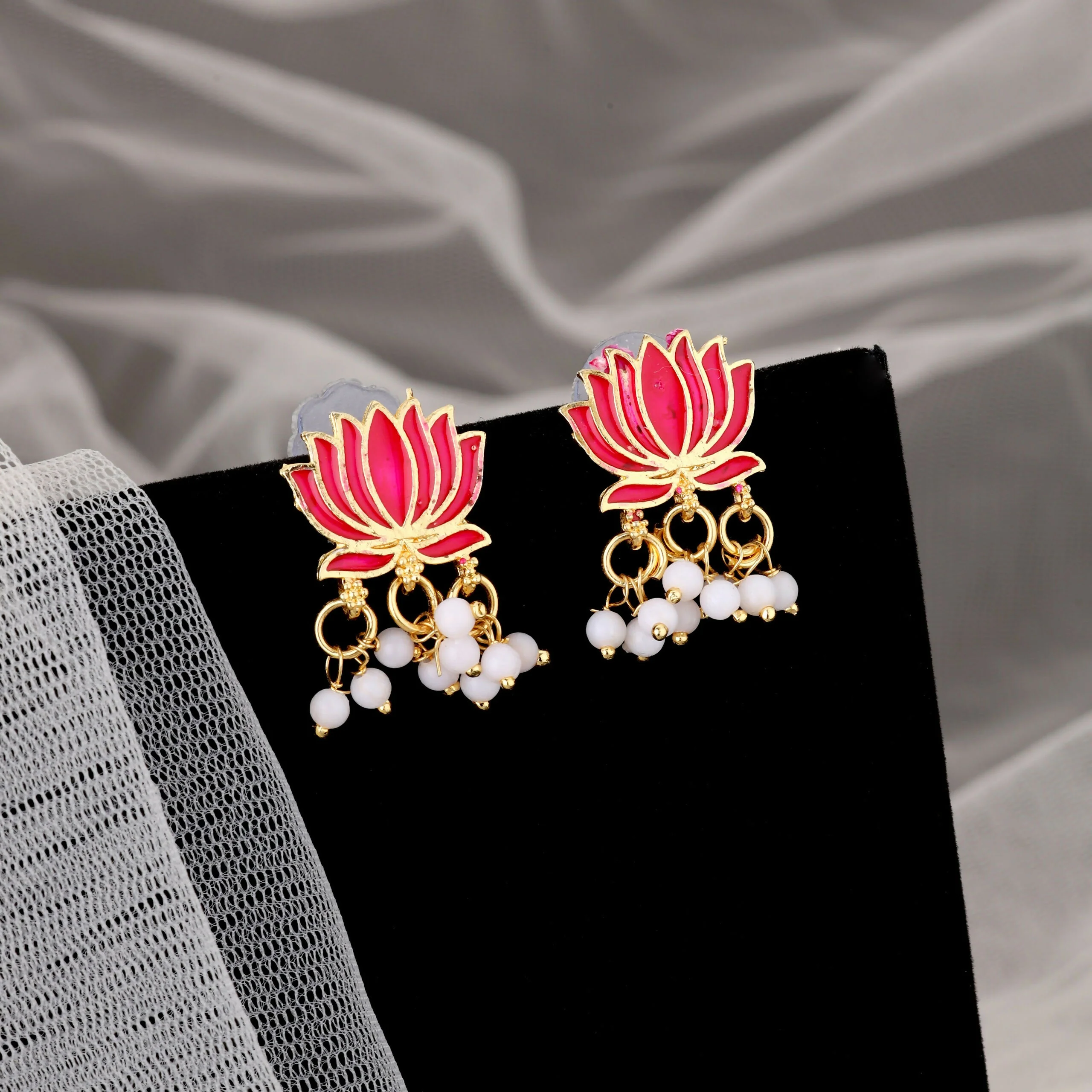 Traditional Gold & Pink Enamel Lotus Choker Set - Image 2