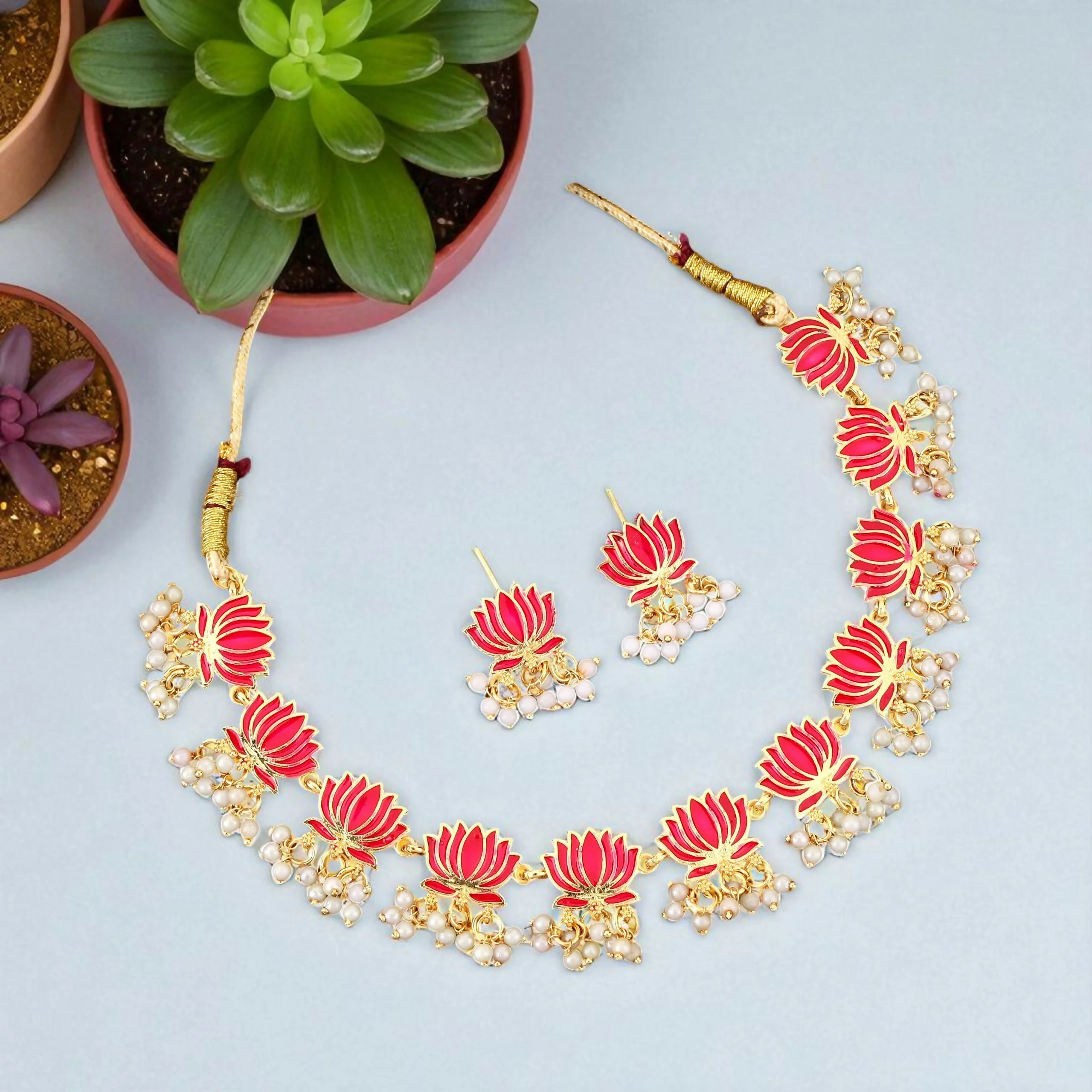 Traditional Gold & Pink Enamel Lotus Choker Set - Image 3
