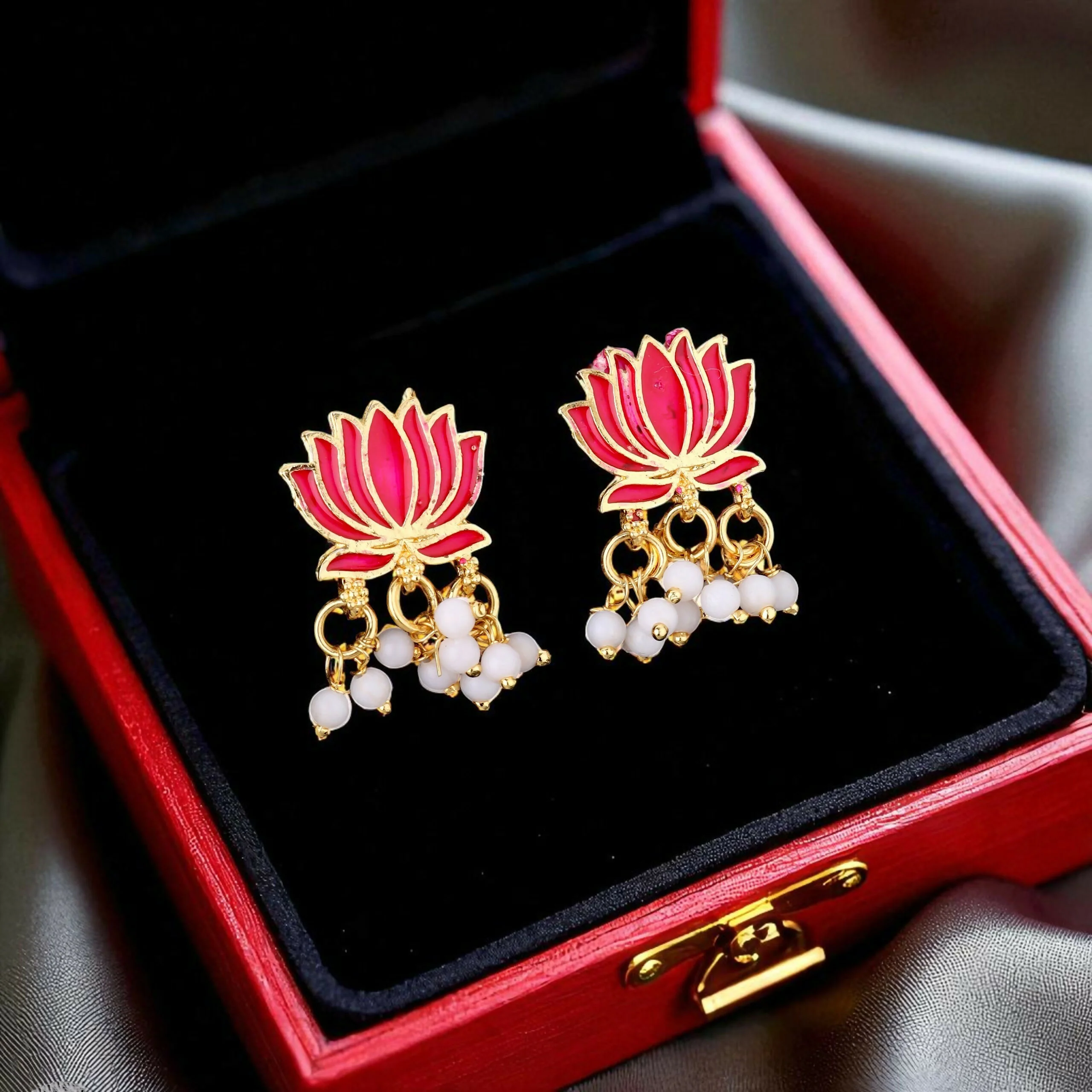 Traditional Gold & Pink Enamel Lotus Choker Set - Image 4