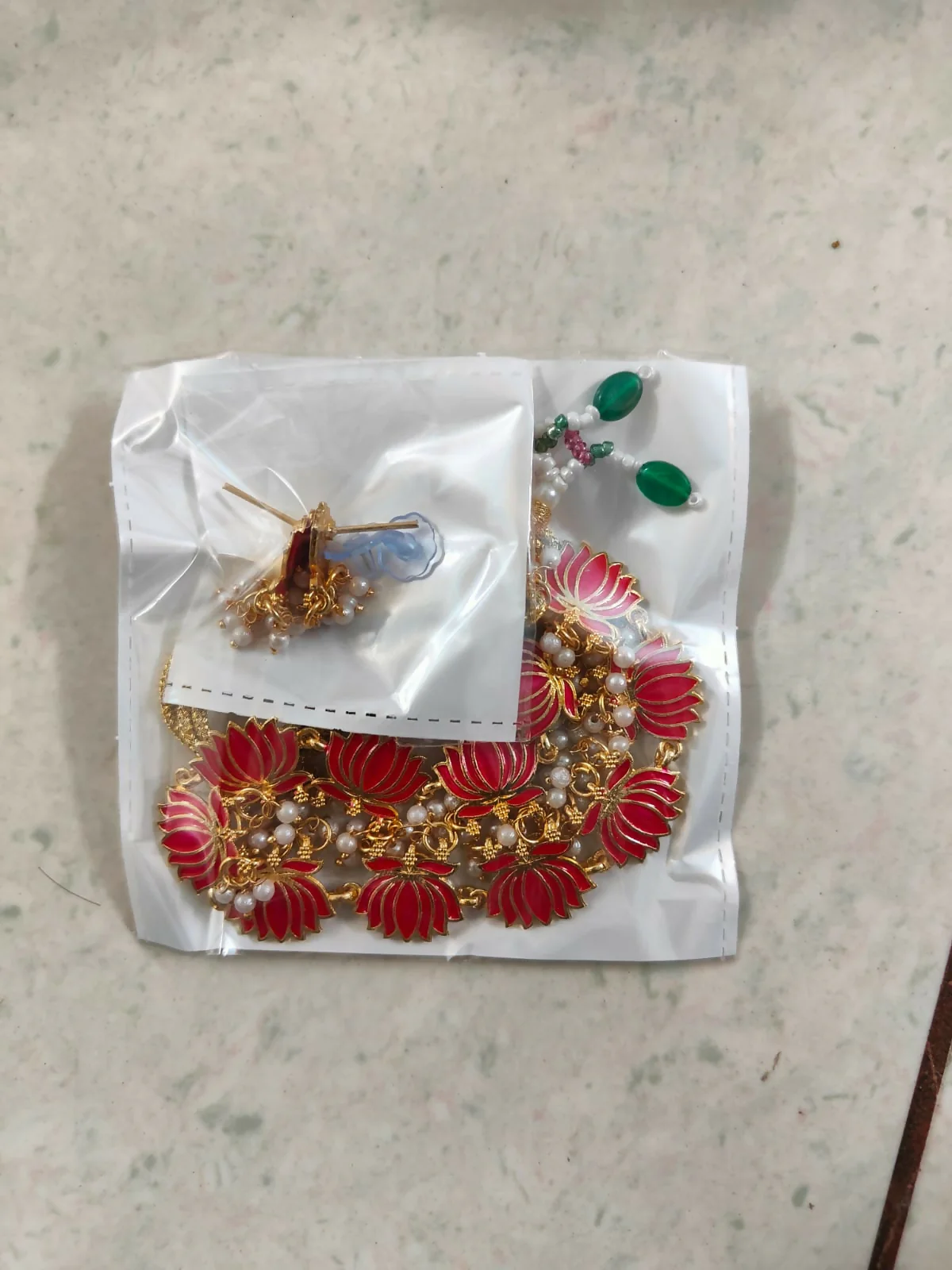 Traditional Gold & Pink Enamel Lotus Choker Set - Image 5