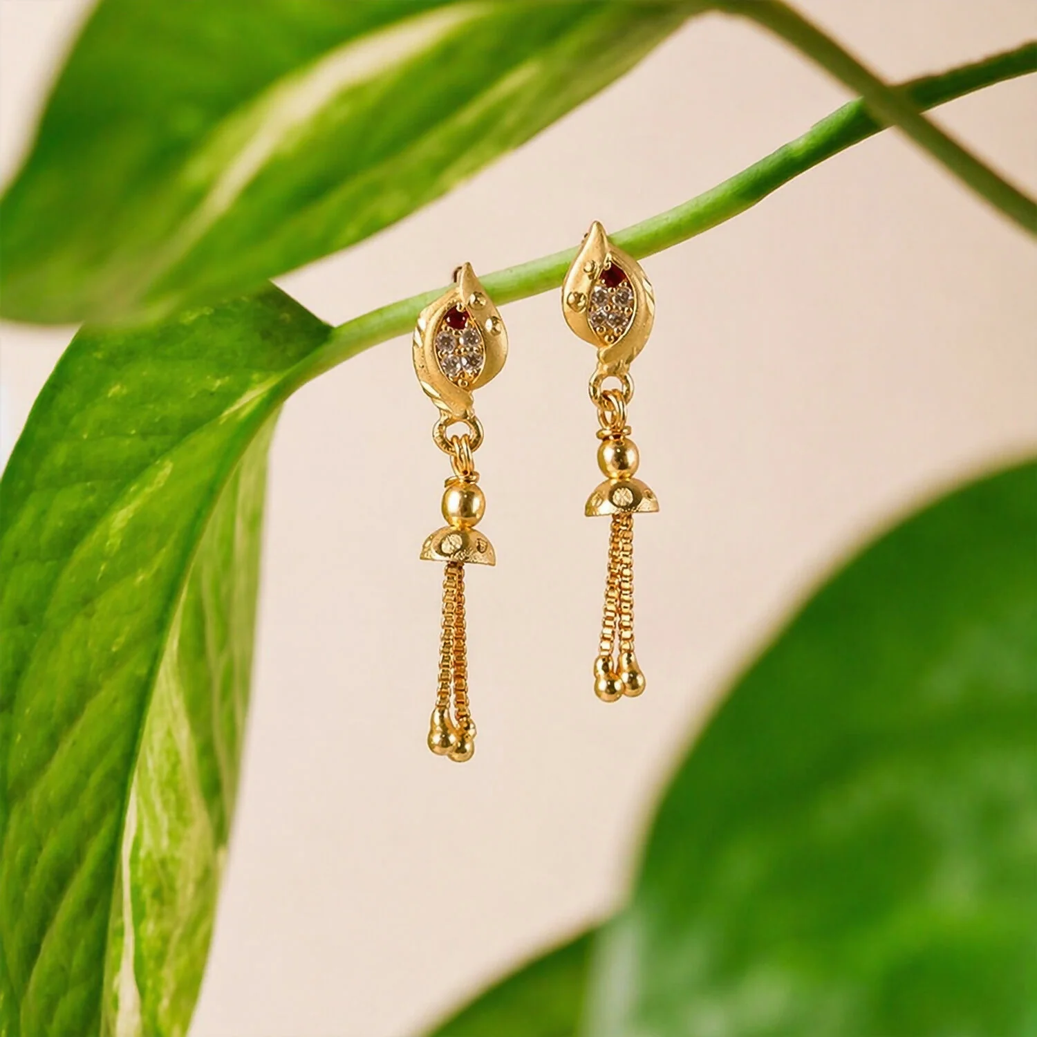 Traditional Gold Plated Casting Chain Drop Earrings for Women Ethnic Wear - Image 3