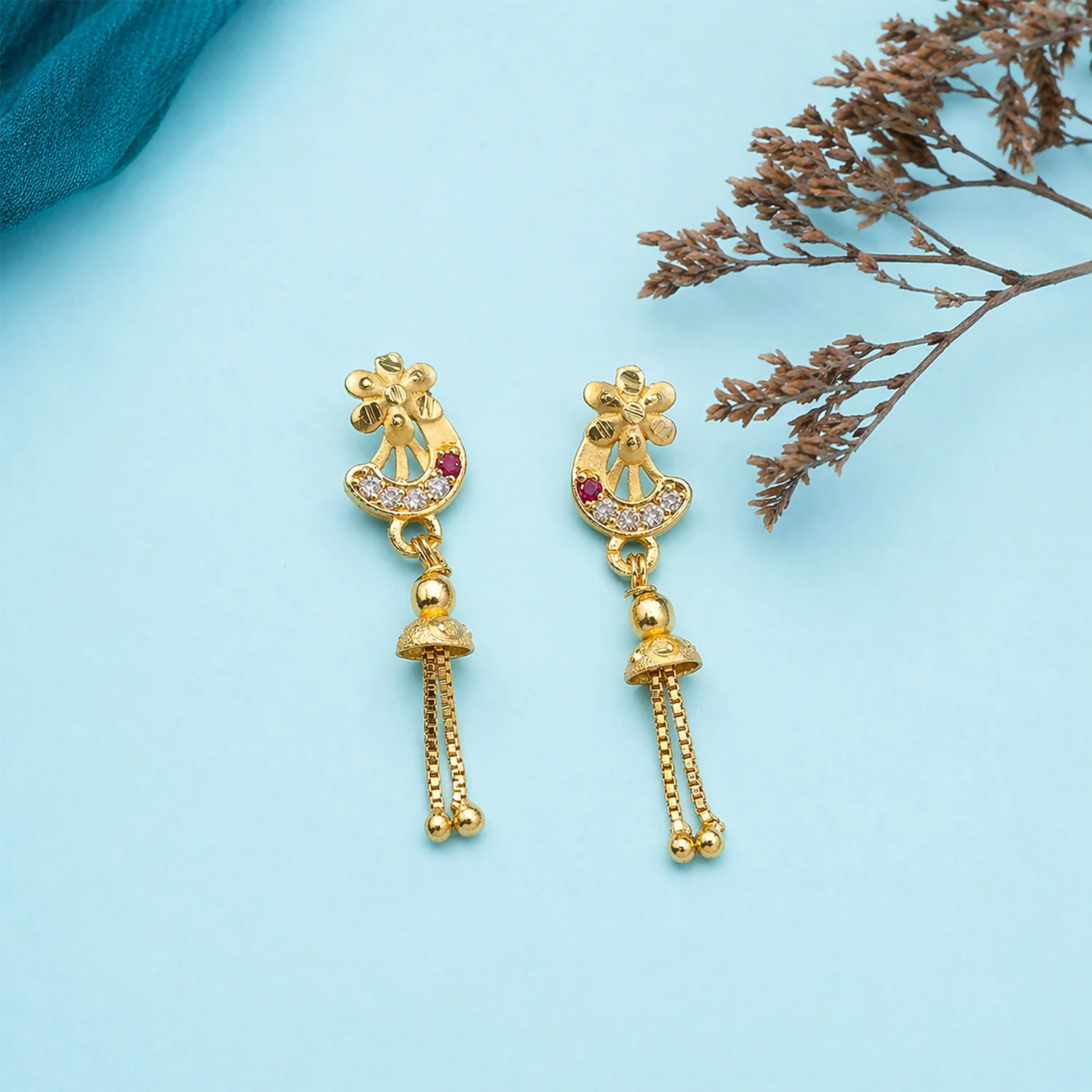 Traditional Gold-Plated Casting Chain Drop Earrings with Ruby and CZ Accents - Image 2