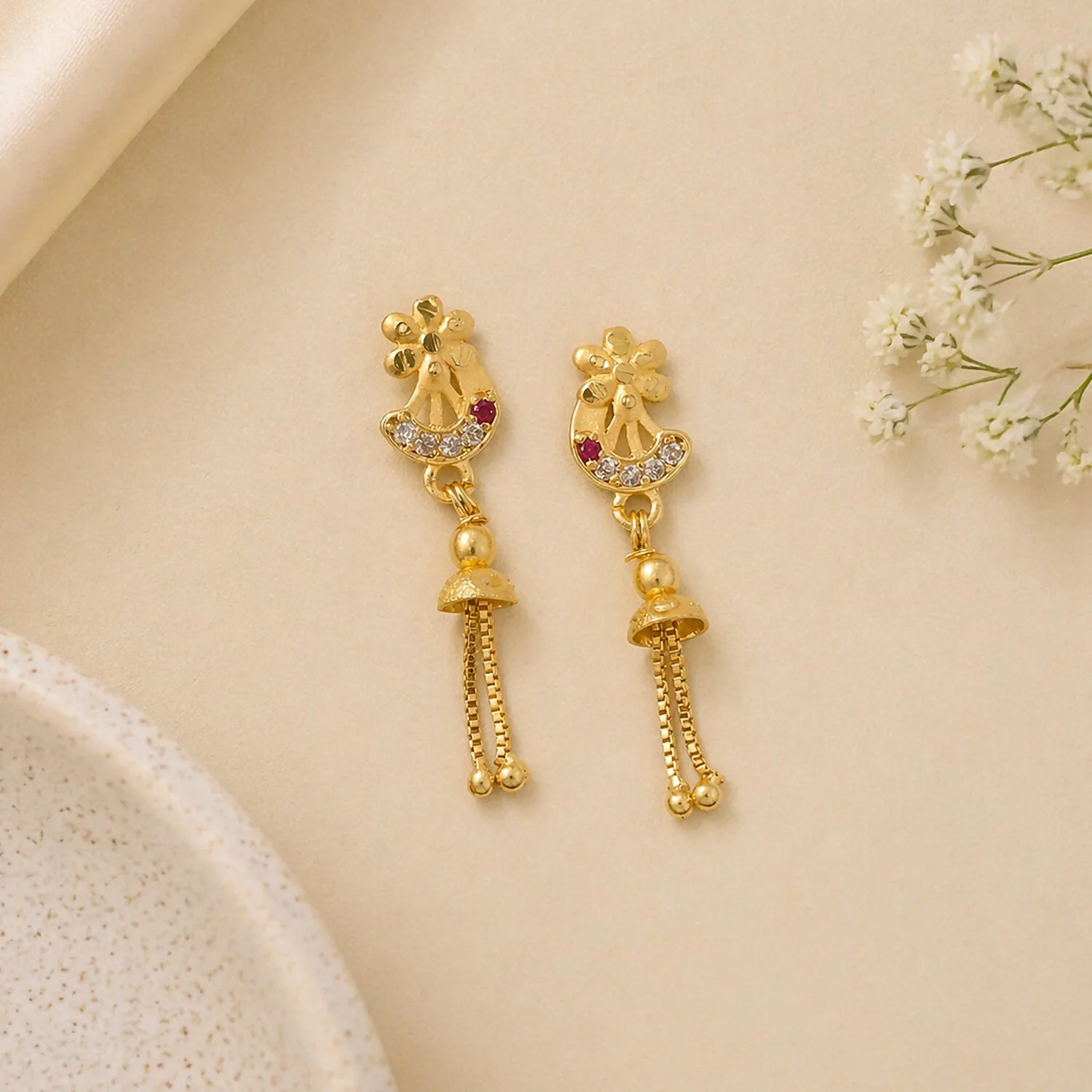 Traditional Gold-Plated Casting Chain Drop Earrings with Ruby and CZ Accents - Image 3