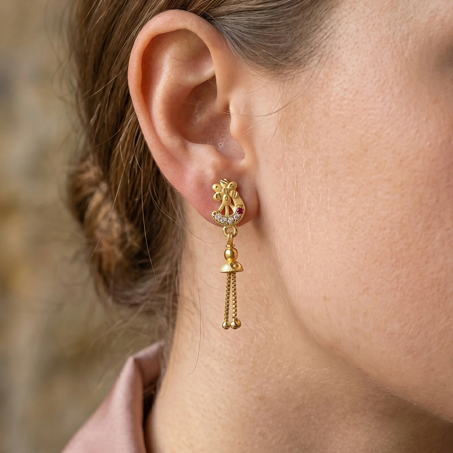 Traditional Gold-Plated Casting Chain Drop Earrings with Ruby and CZ Accents - Image 4