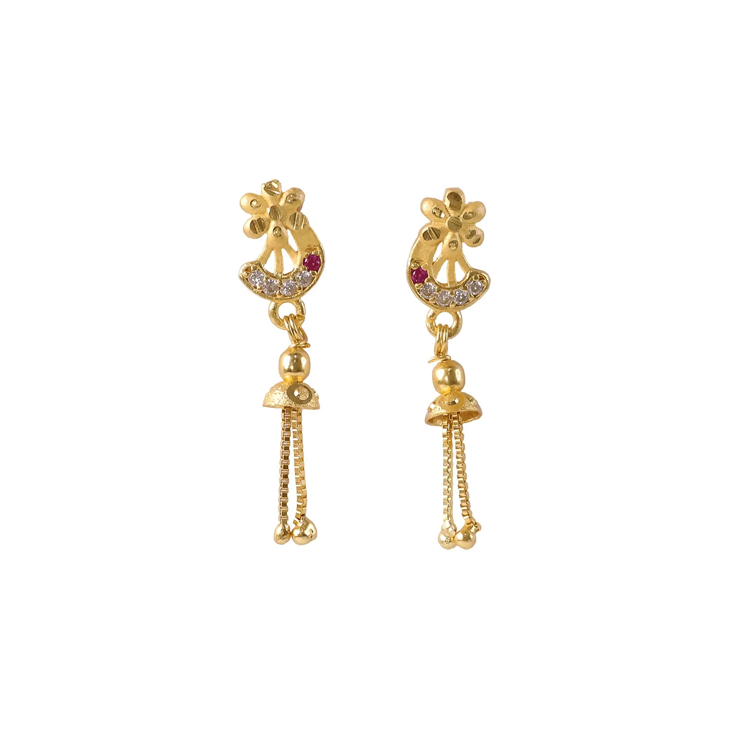 Traditional Gold-Plated Casting Chain Drop Earrings with Ruby and CZ Accents - Image 5