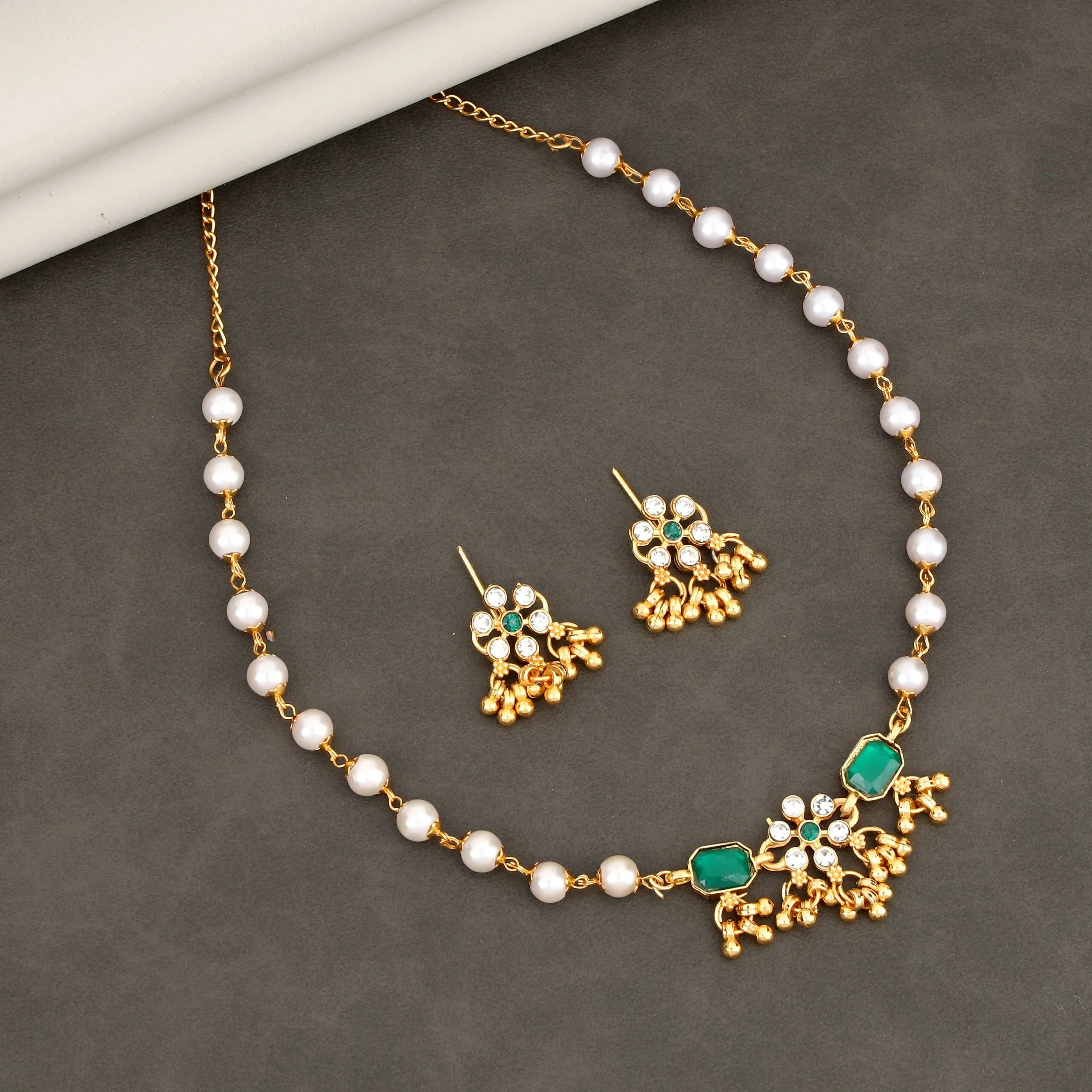 Traditional Gold-Plated Green Enamel Lotus Choker with Pearl Drops - Image 3