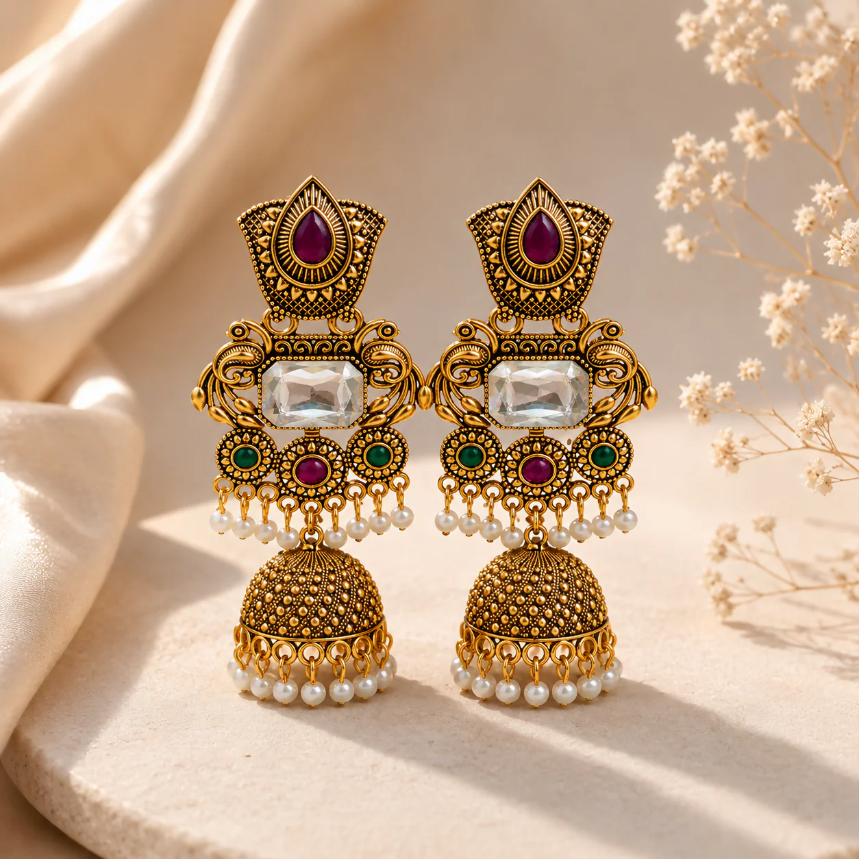 Traditional Gold Plated Kundan Jhumka Earrings with Pearl Drop for Women - Image 3