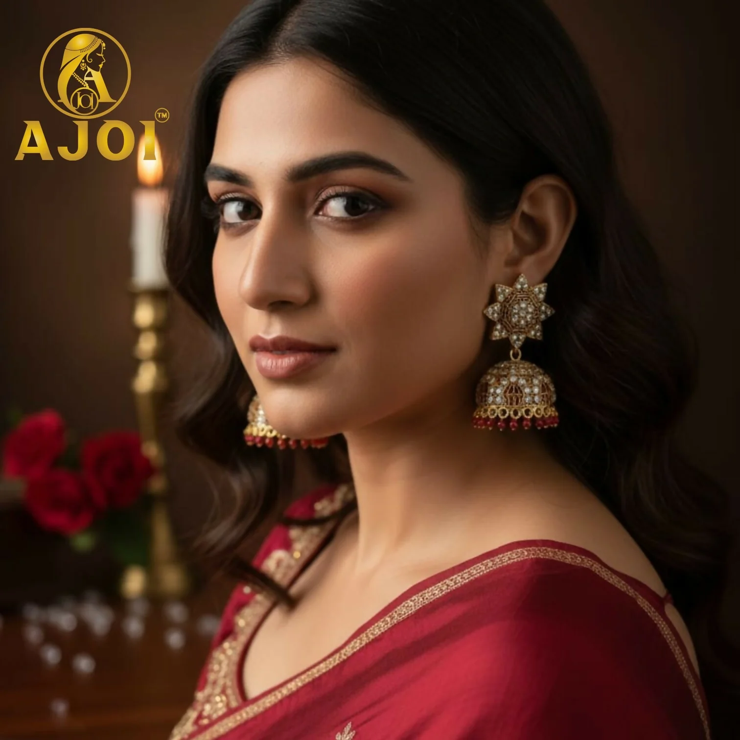 Traditional Gold Plated Kundan Jhumka Earrings with Red Bead Drops - Image 2