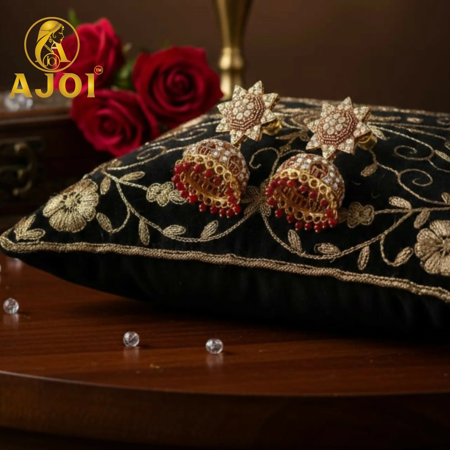 Traditional Gold Plated Kundan Jhumka Earrings with Red Bead Drops - Image 3