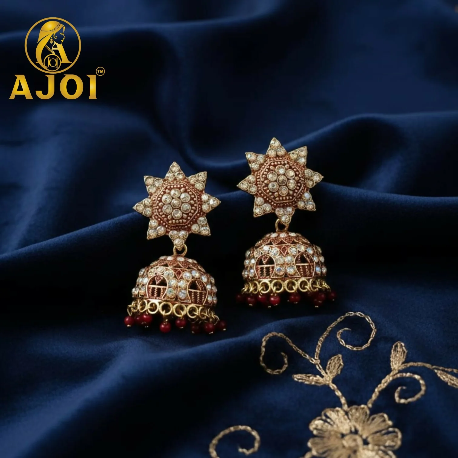 Traditional Gold Plated Kundan Jhumka Earrings with Red Bead Drops - Image 4