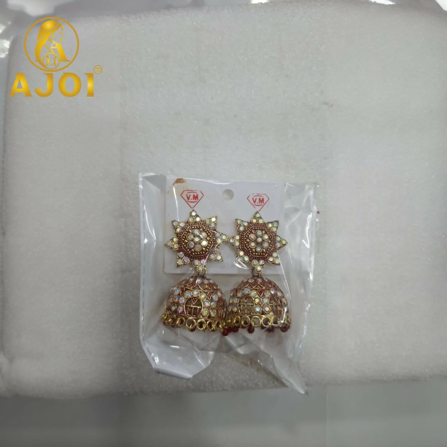 Traditional Gold Plated Kundan Jhumka Earrings with Red Bead Drops - Image 5