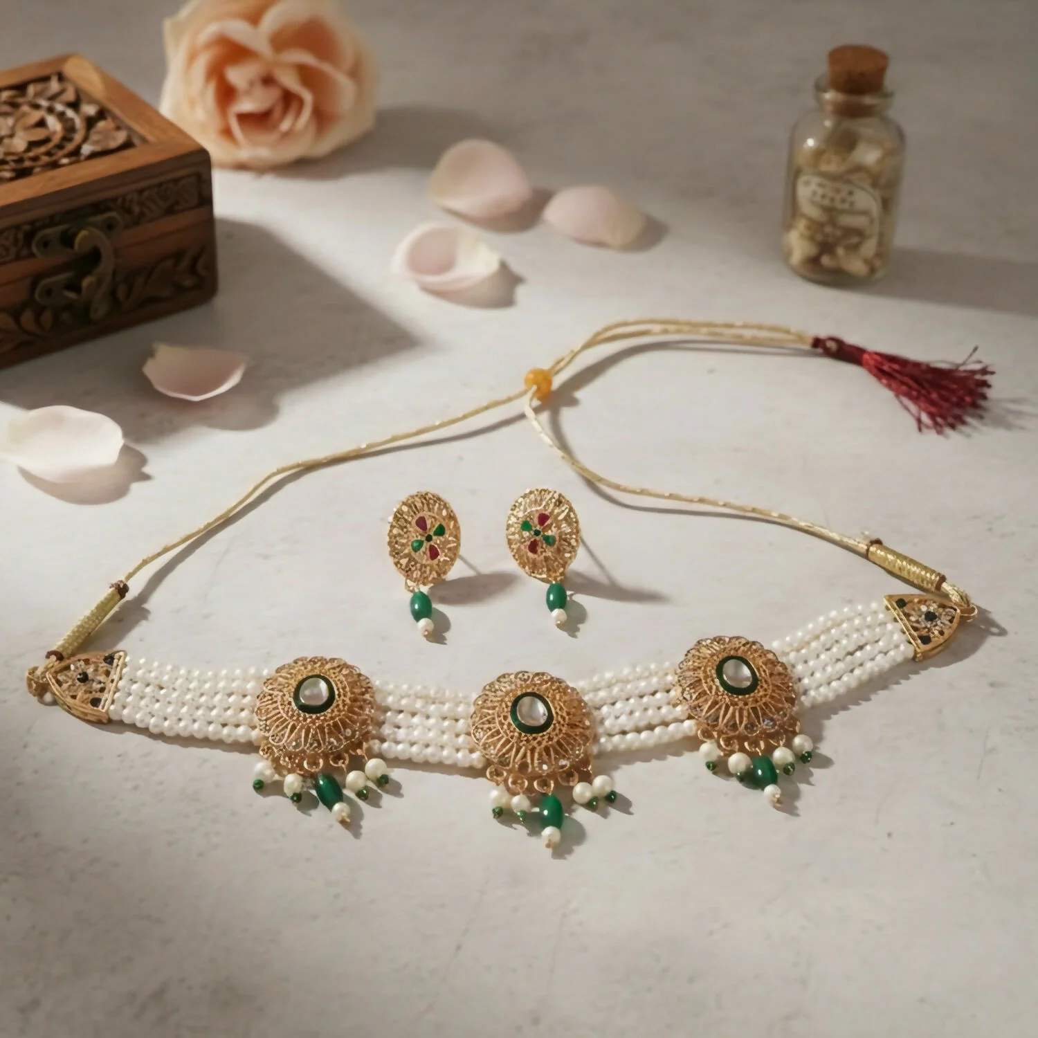 Traditional Gold-Plated Kundan Pearl Choker Necklace Set with Emerald Green Drops and Matching Earrings - Image 2