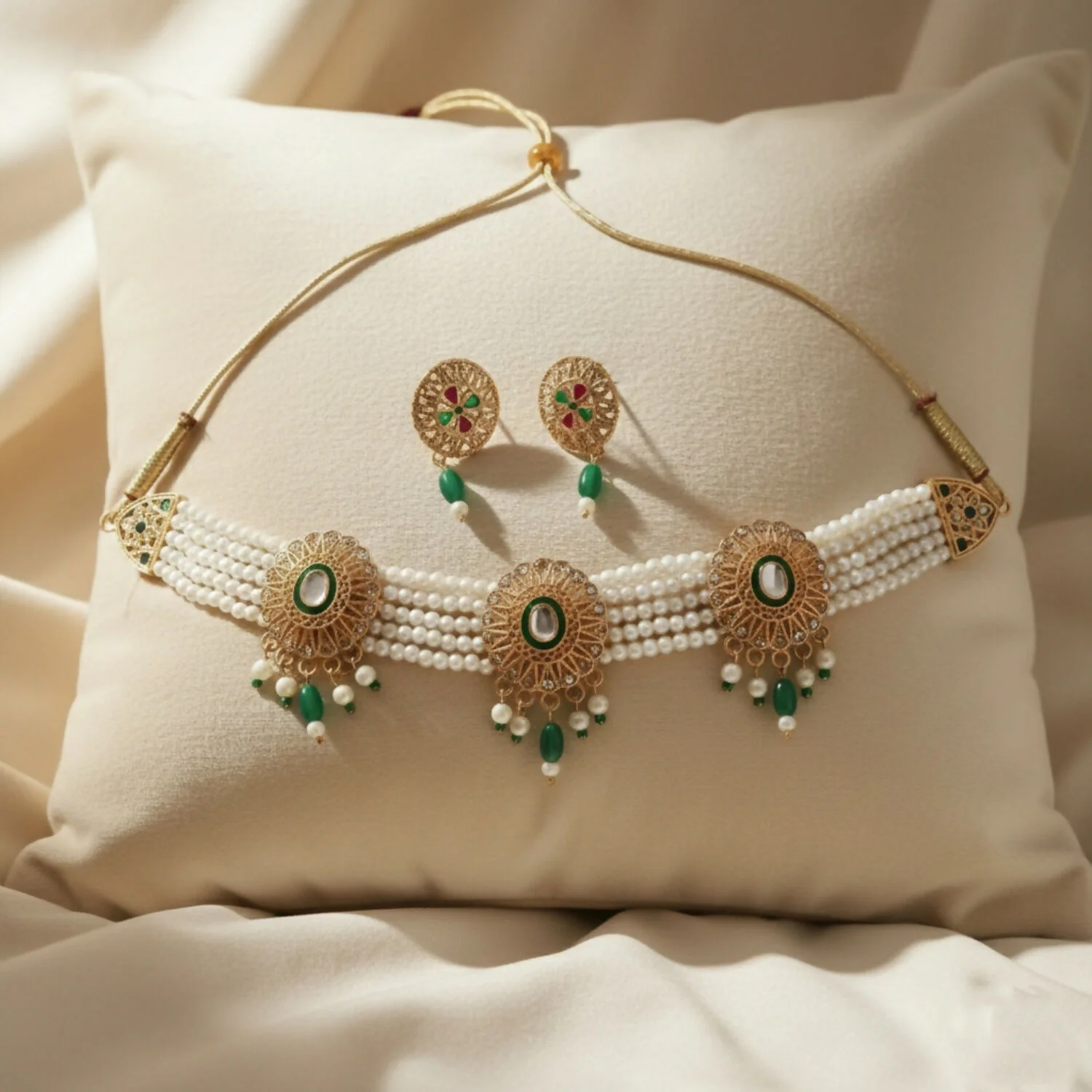 Traditional Gold-Plated Kundan Pearl Choker Necklace Set with Emerald Green Drops and Matching Earrings - Image 3