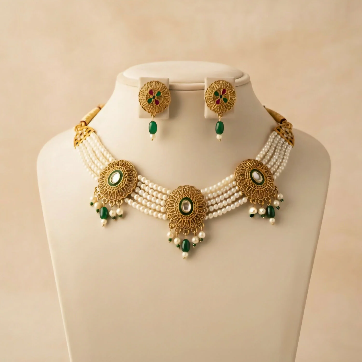 Traditional Gold-Plated Kundan Pearl Choker Necklace Set with Emerald Green Drops and Matching Earrings - Image 4