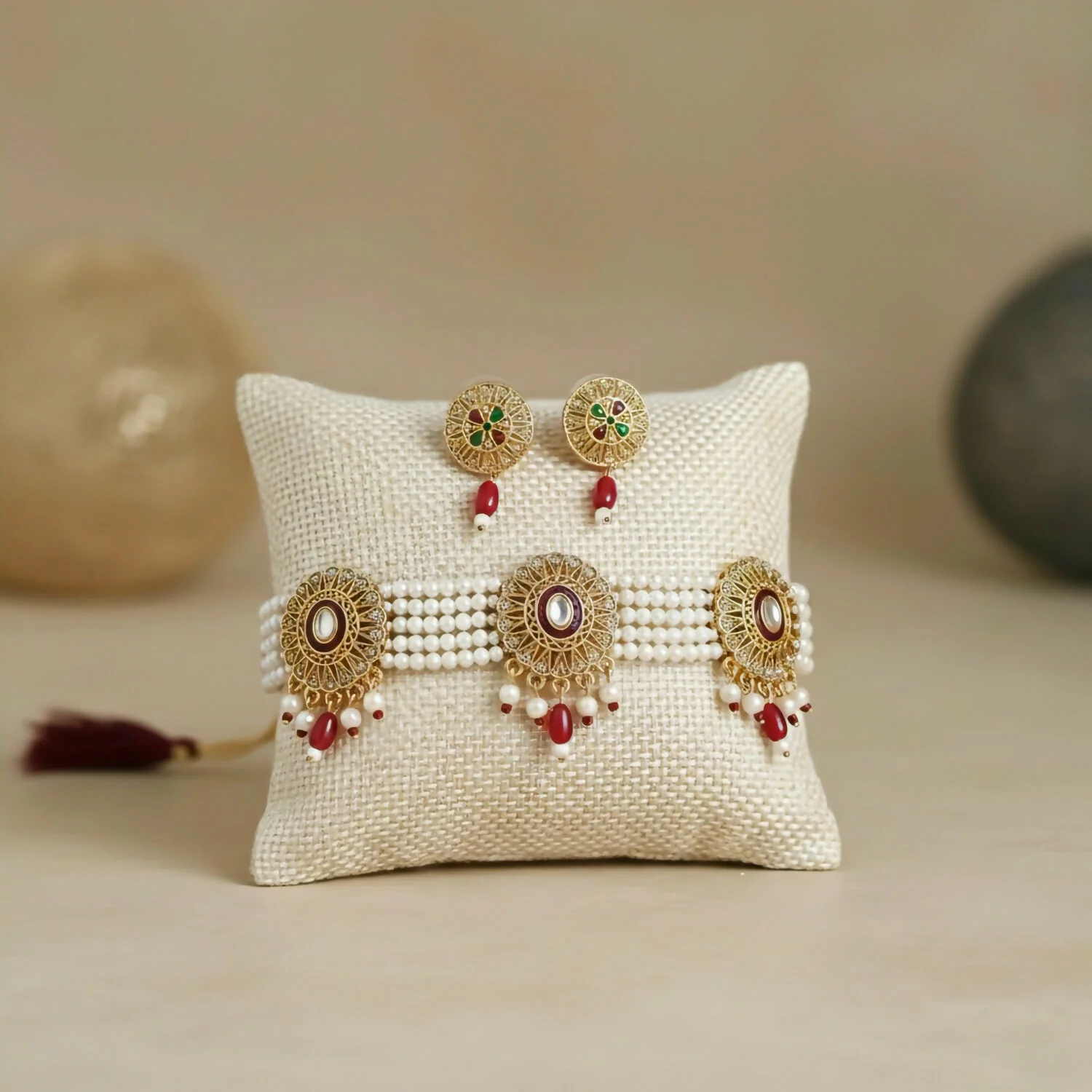 Traditional Gold-Plated Kundan Pearl Choker Necklace Set with Emerald red Drops and Matching Earrings - Image 2