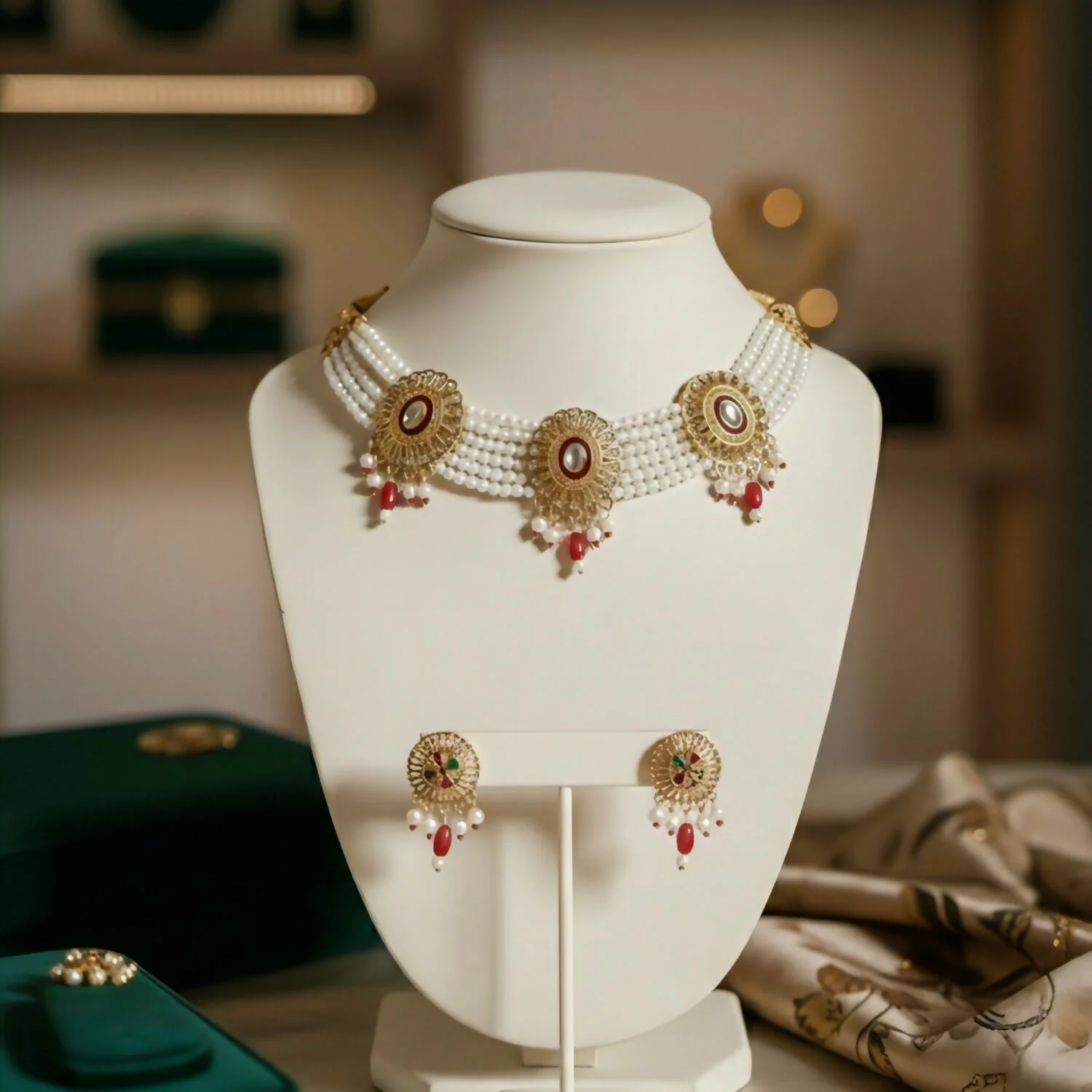 Traditional Gold-Plated Kundan Pearl Choker Necklace Set with Emerald red Drops and Matching Earrings - Image 3