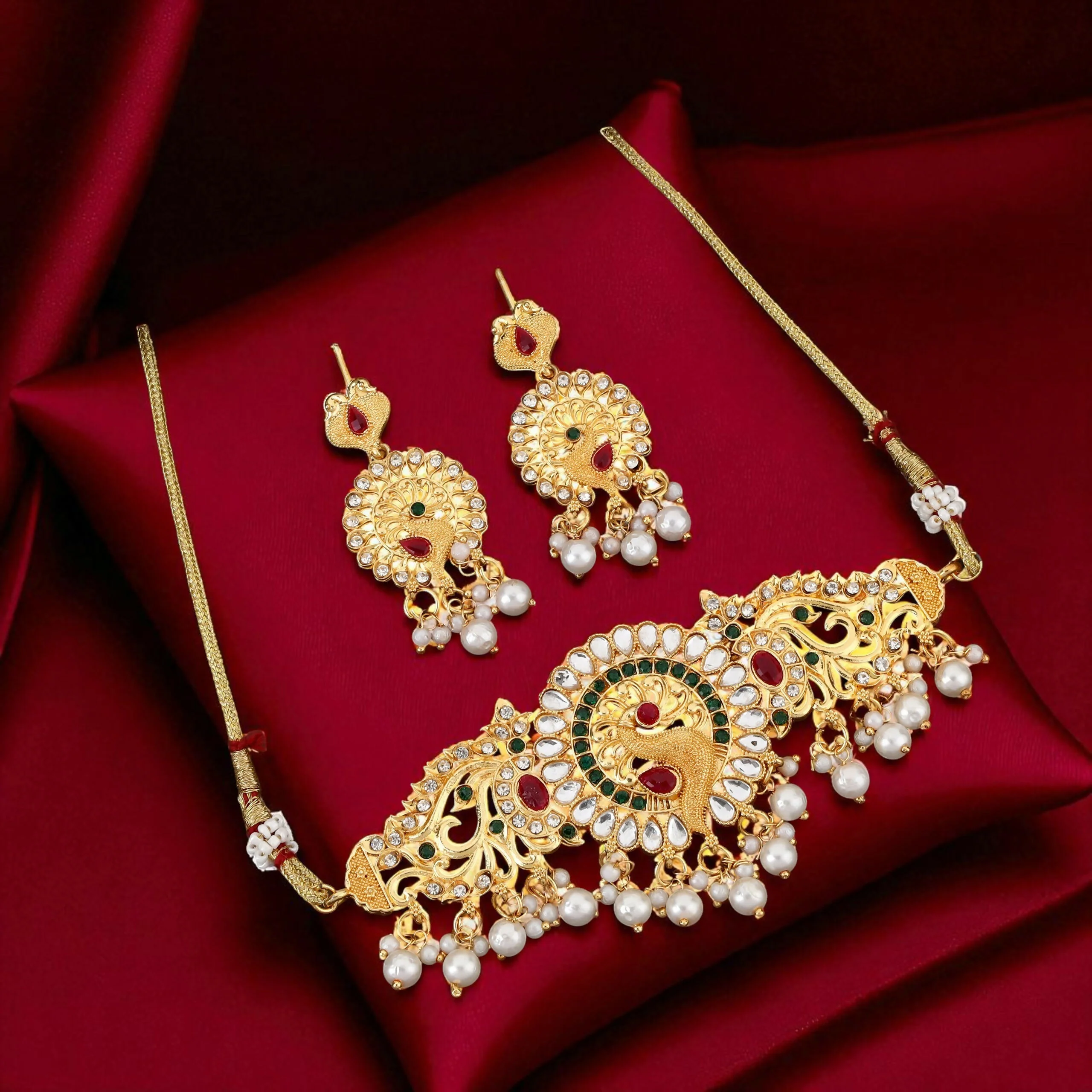 Traditional Gold-Plated Kundan & Pearl Choker Necklace with Matching Earrings - Image 3