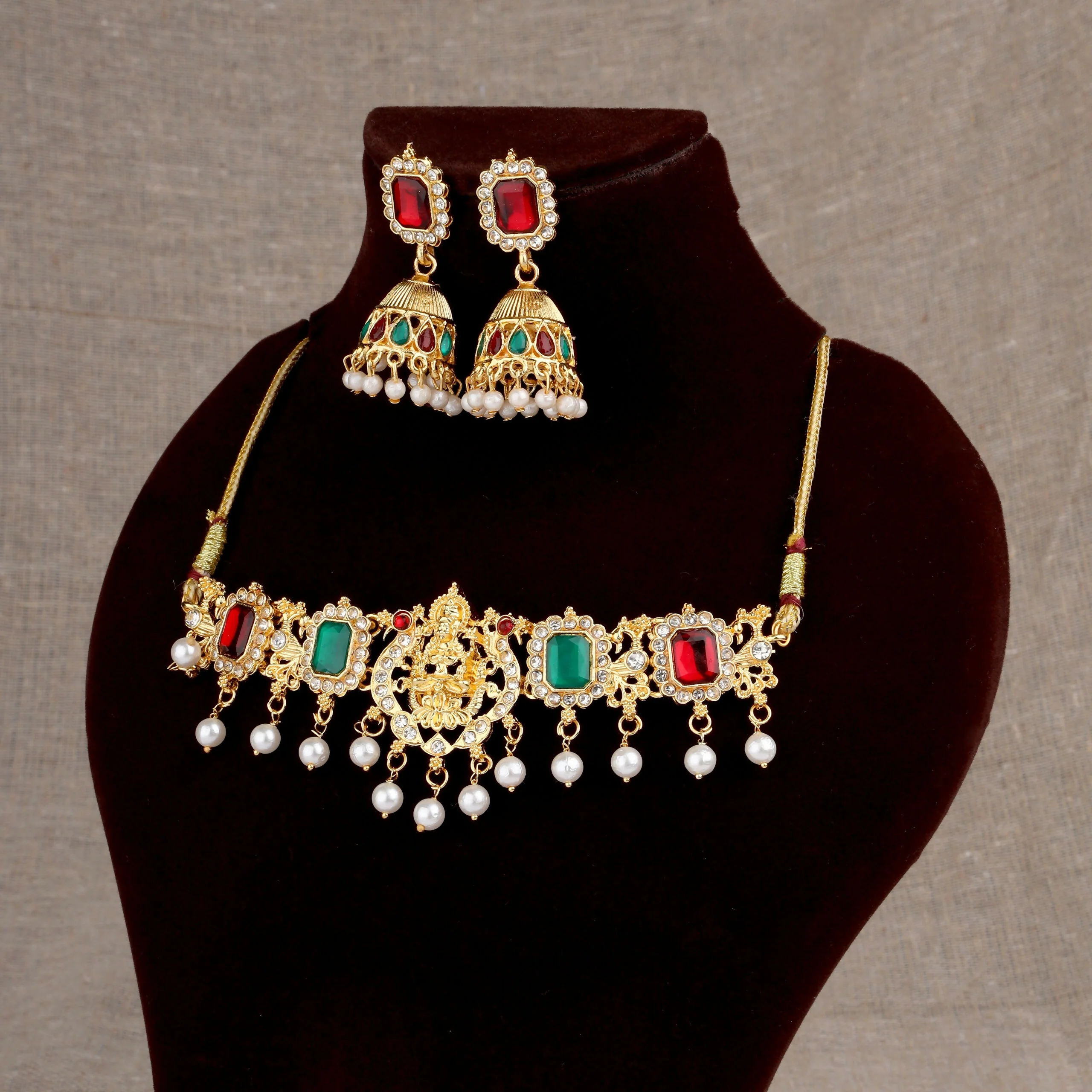traditional Gold-Plated Lakshmi Temple Choker Set with Jhumkas - Image 2