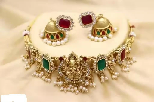 traditional Gold-Plated Lakshmi Temple Choker Set with Jhumkas - Image 3