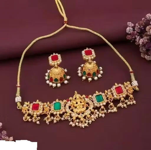 traditional Gold-Plated Lakshmi Temple Choker Set with Jhumkas - Image 4