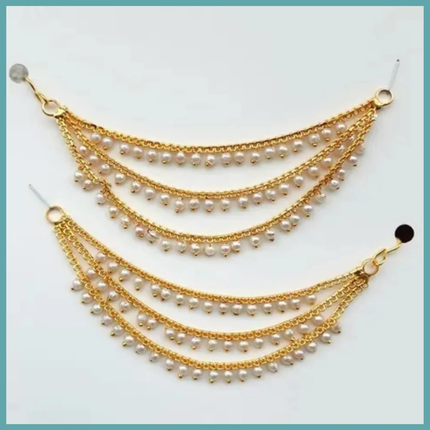 Traditional Gold Plated Long 3 Layer Ruby Emerald Stone Drop KansarEar Thread for Earrings Chain jewellery for Women & Girls - Image 3