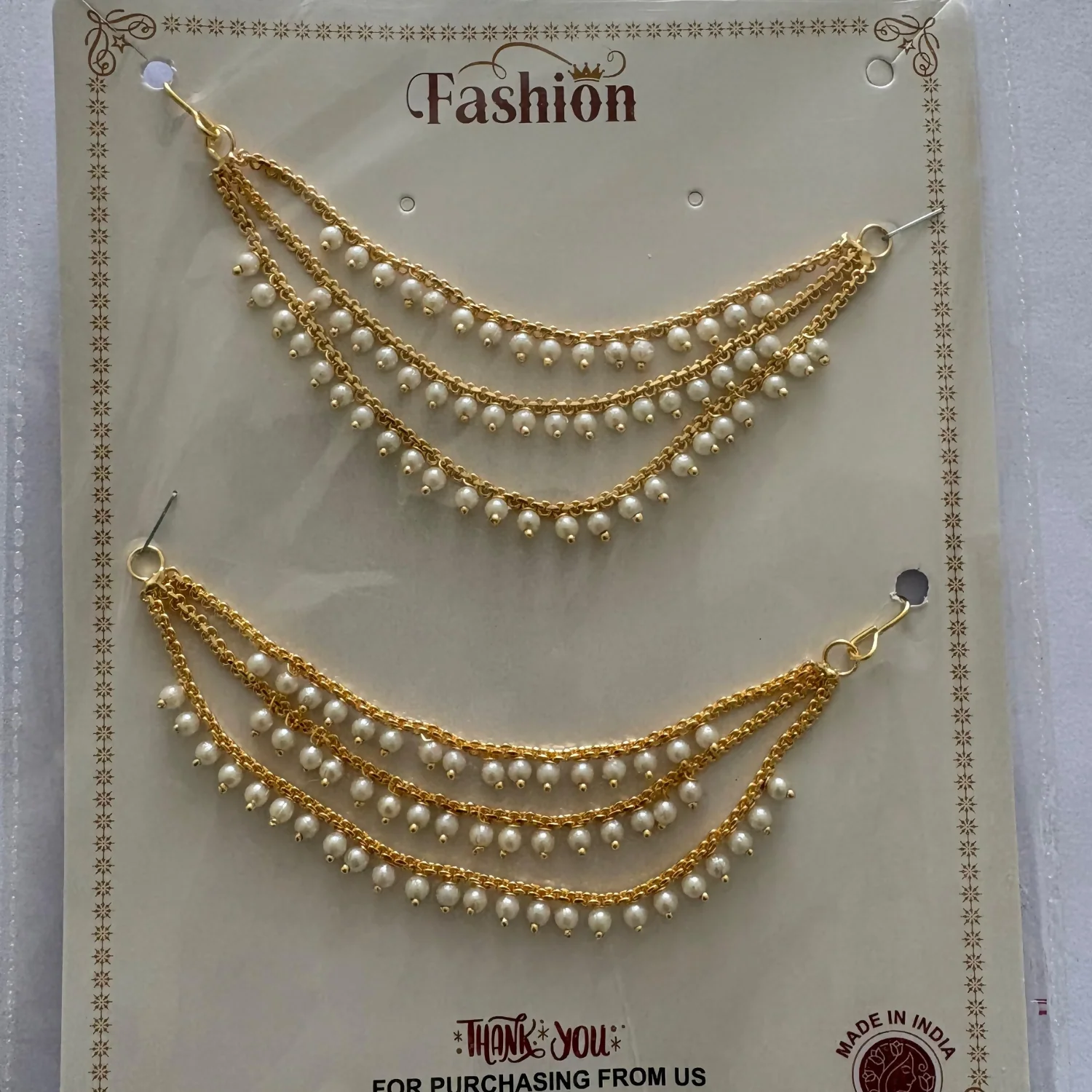 Traditional Gold Plated Long 3 Layer Ruby Emerald Stone Drop KansarEar Thread for Earrings Chain jewellery for Women & Girls - Image 5