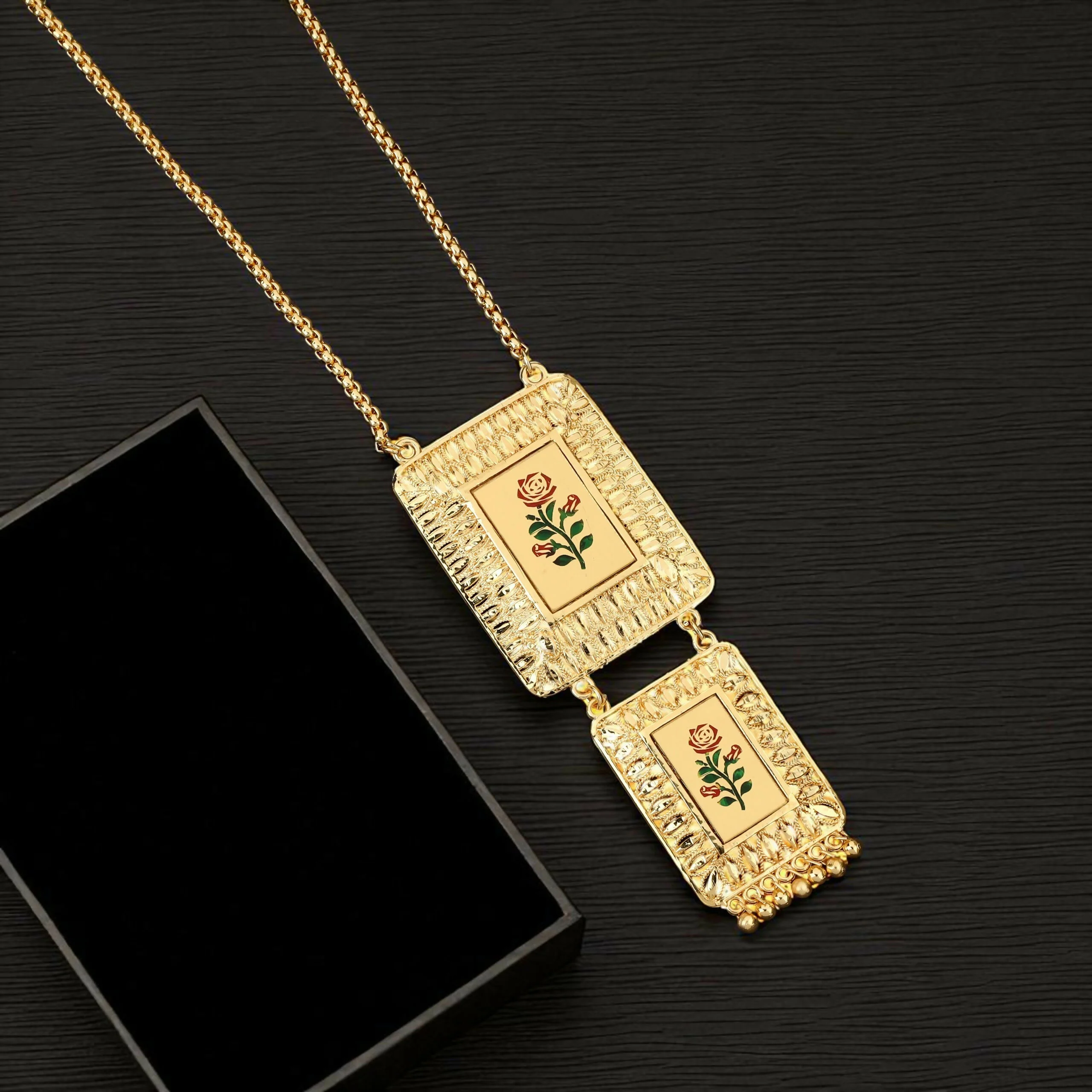 Traditional Gold-Plated Meenakari Rose Pendant Necklace - Image 3