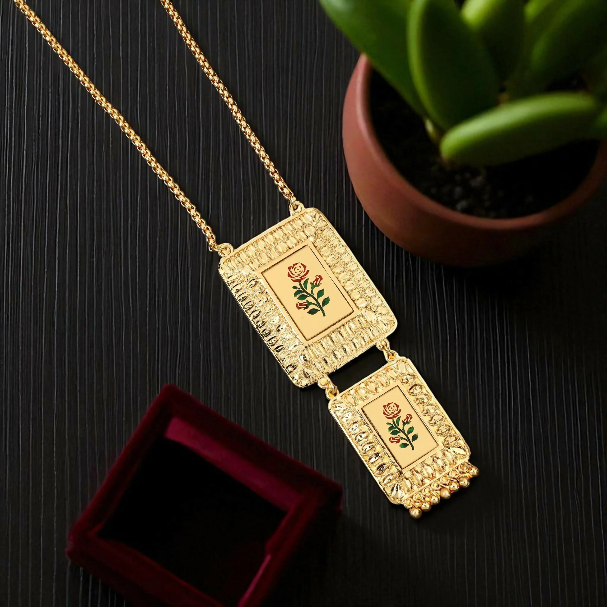 Traditional Gold-Plated Meenakari Rose Pendant Necklace - Image 4