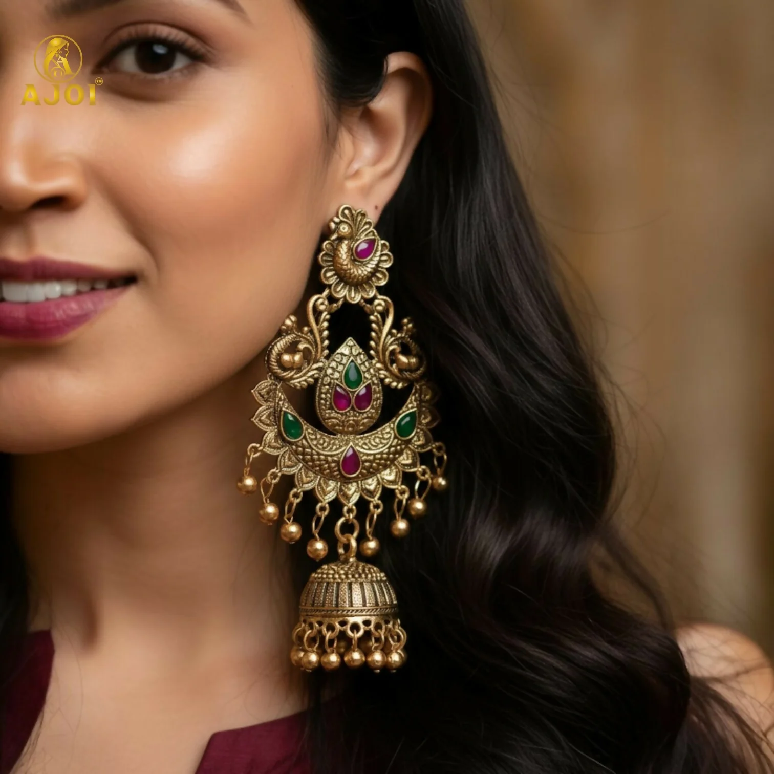 Traditional Gold Plated Peacock Design Jhumka Earrings with Green & Pink Stones for Women - Image 2