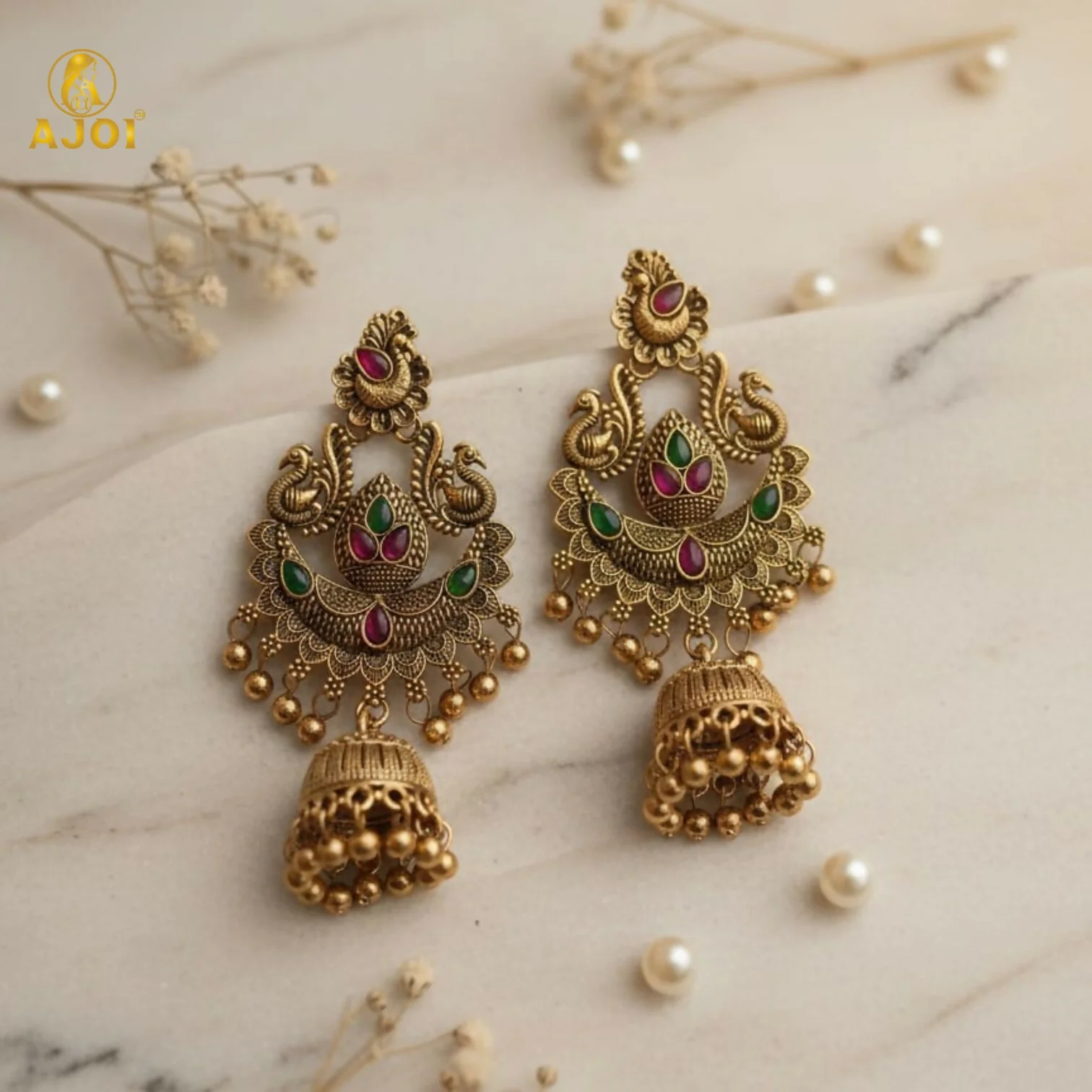 Traditional Gold Plated Peacock Design Jhumka Earrings with Green & Pink Stones for Women - Image 3