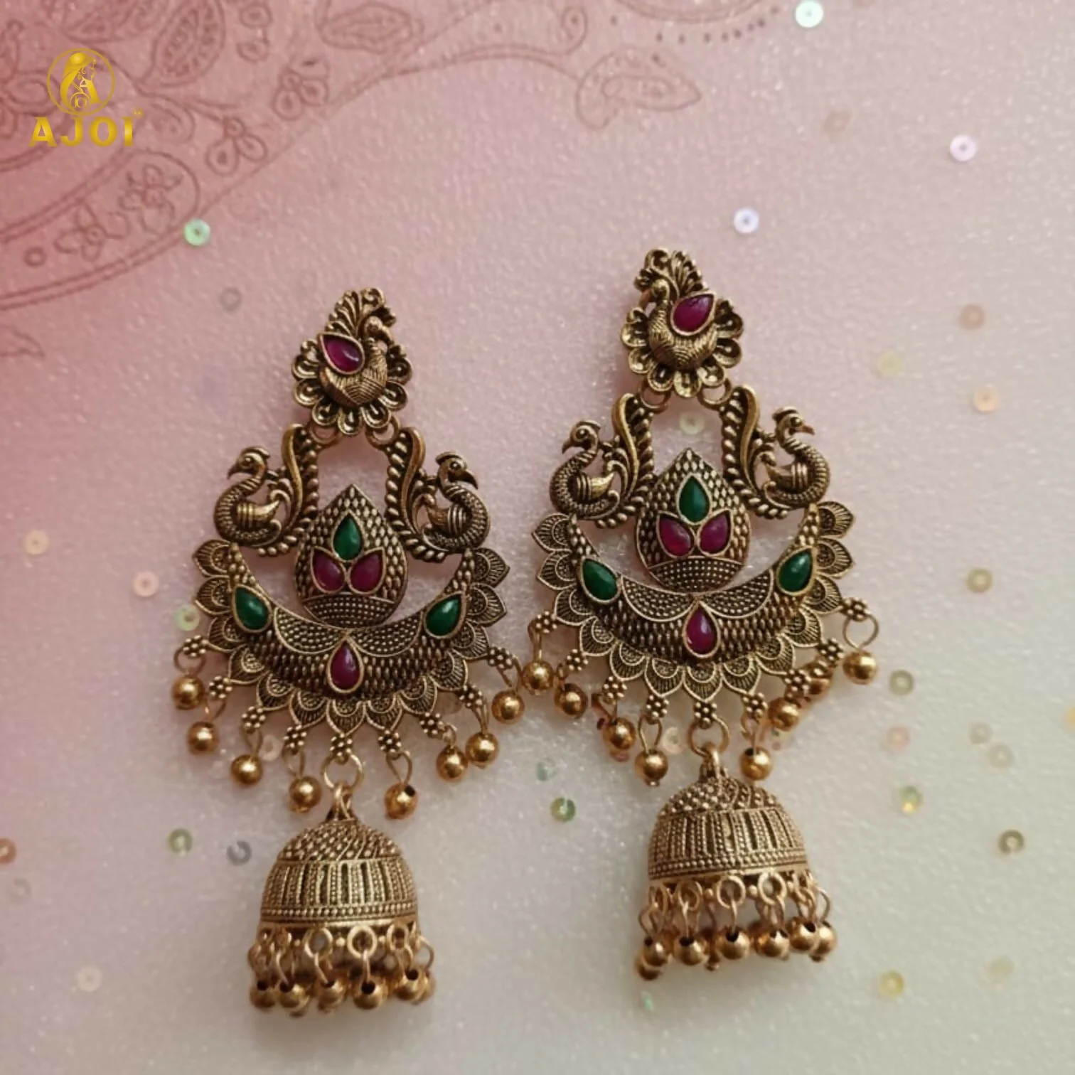 Traditional Gold Plated Peacock Design Jhumka Earrings with Green & Pink Stones for Women - Image 4