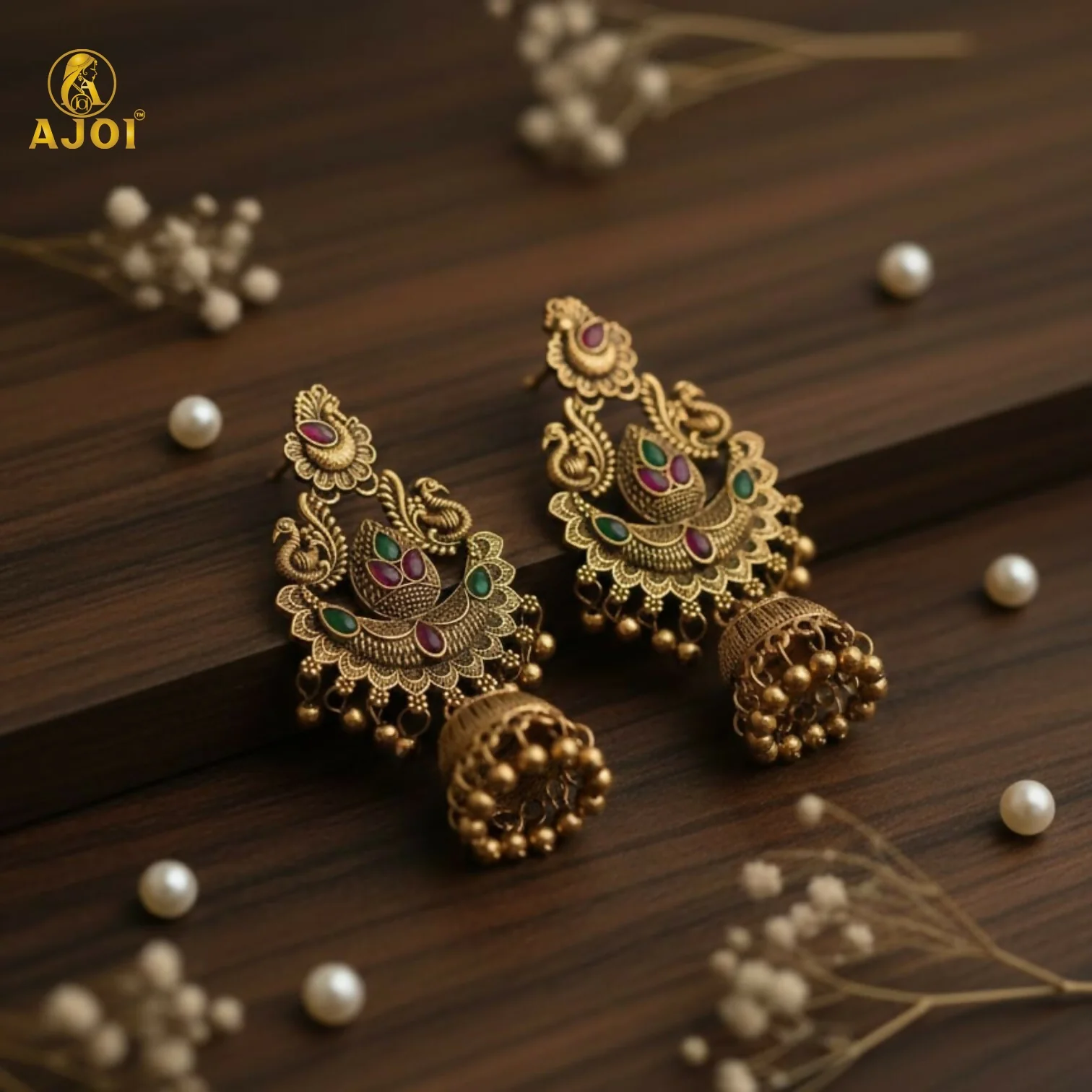 Traditional Gold Plated Peacock Design Jhumka Earrings with Green & Pink Stones for Women - Image 5
