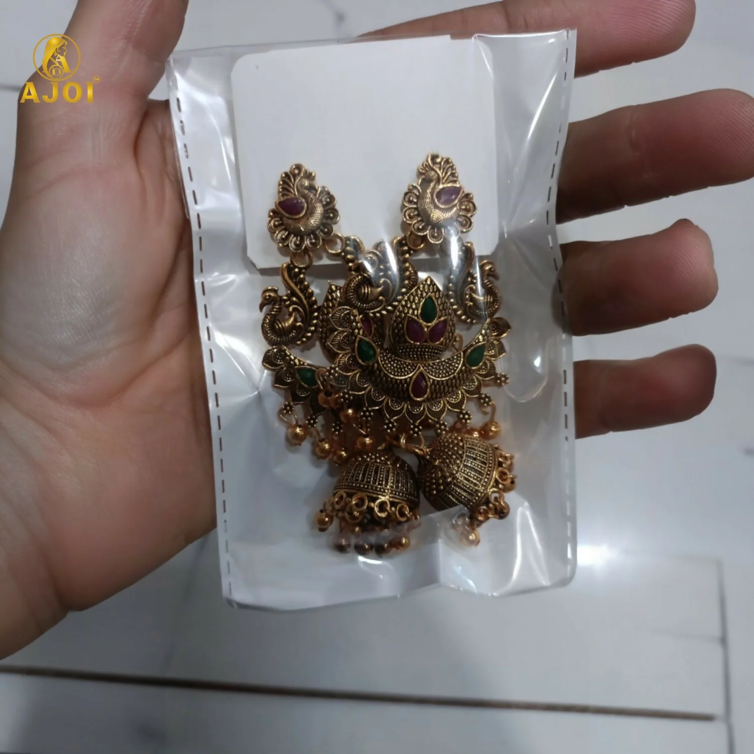 Traditional Gold Plated Peacock Design Jhumka Earrings with Green & Pink Stones for Women - Image 6
