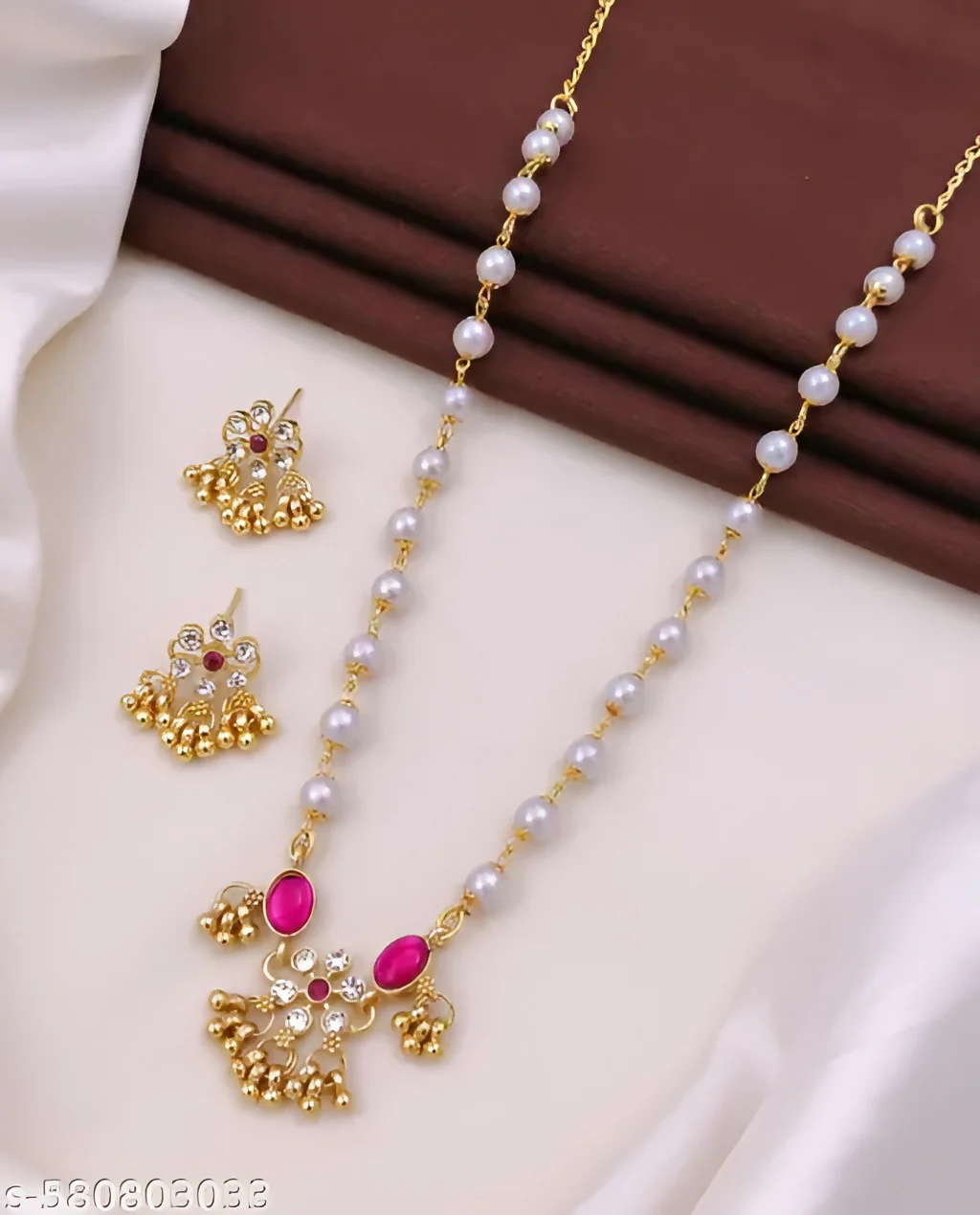 Traditional Gold-Plated Pink Stone & Pearl Bridal Jewelry Set with Necklace, Earrings - Image 2