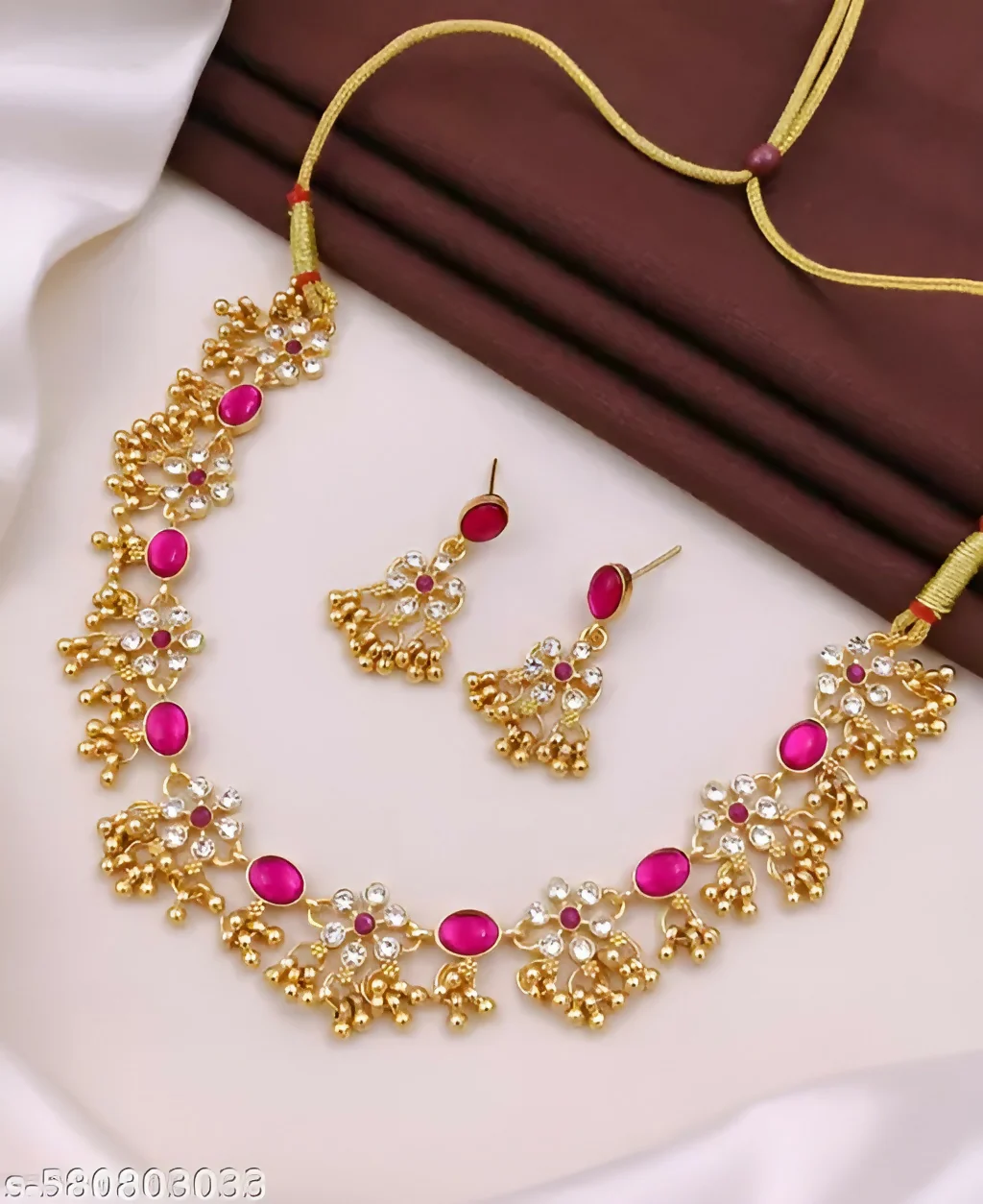 Traditional Gold-Plated Pink Stone & Pearl Bridal Jewelry Set with Necklace, Earrings - Image 3